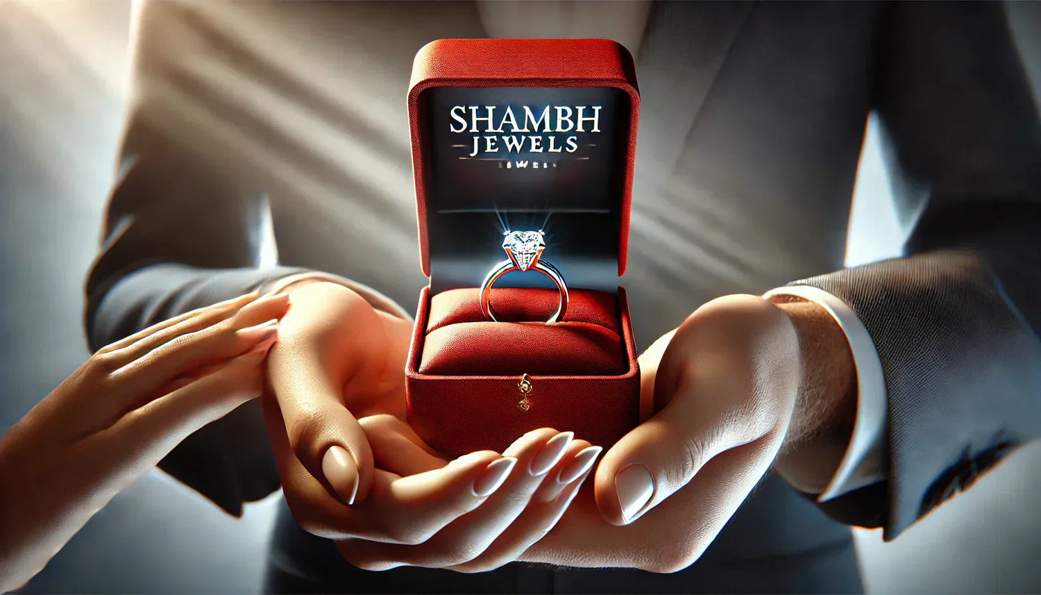 Luxury diamond engagement ring in a red Shambh Jewels box presented with a romantic gesture.