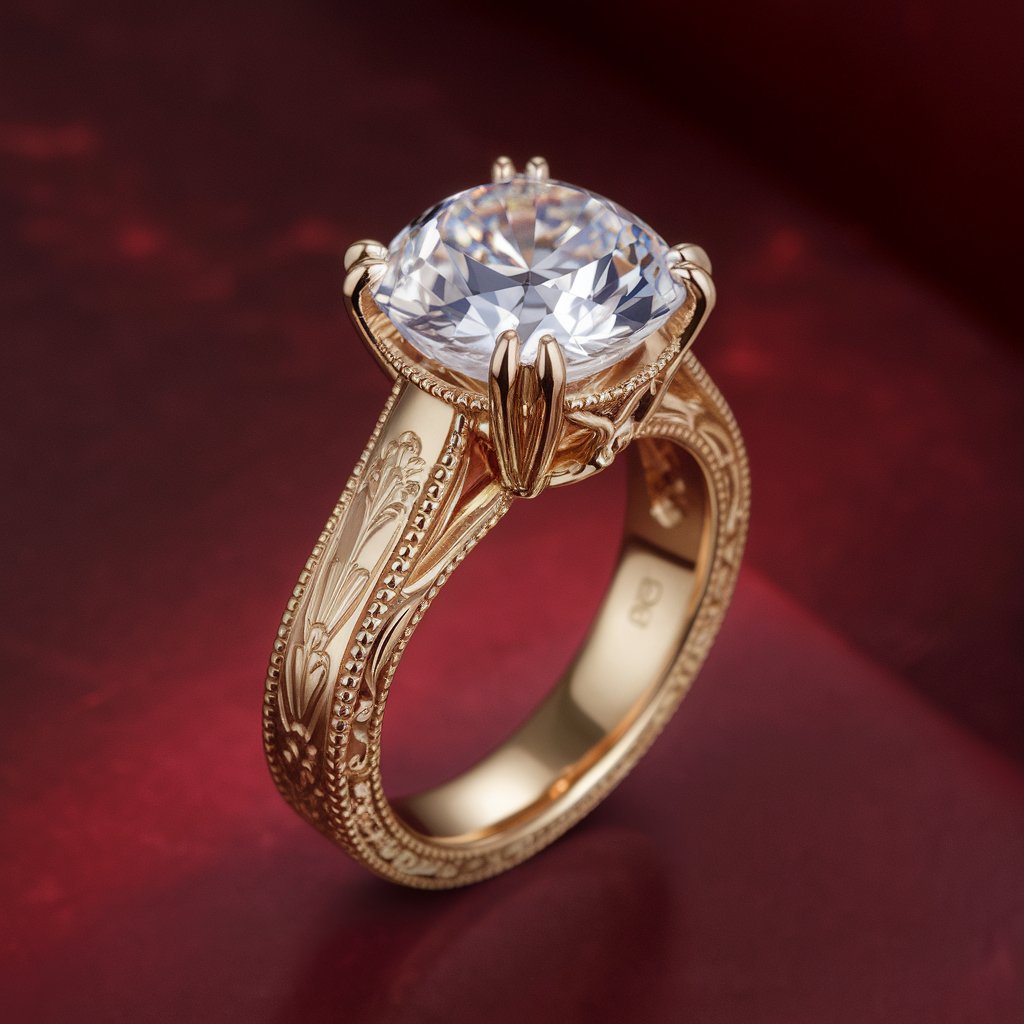 Shambh Jewels ornate gold engagement ring with round lab-grown diamond on red background