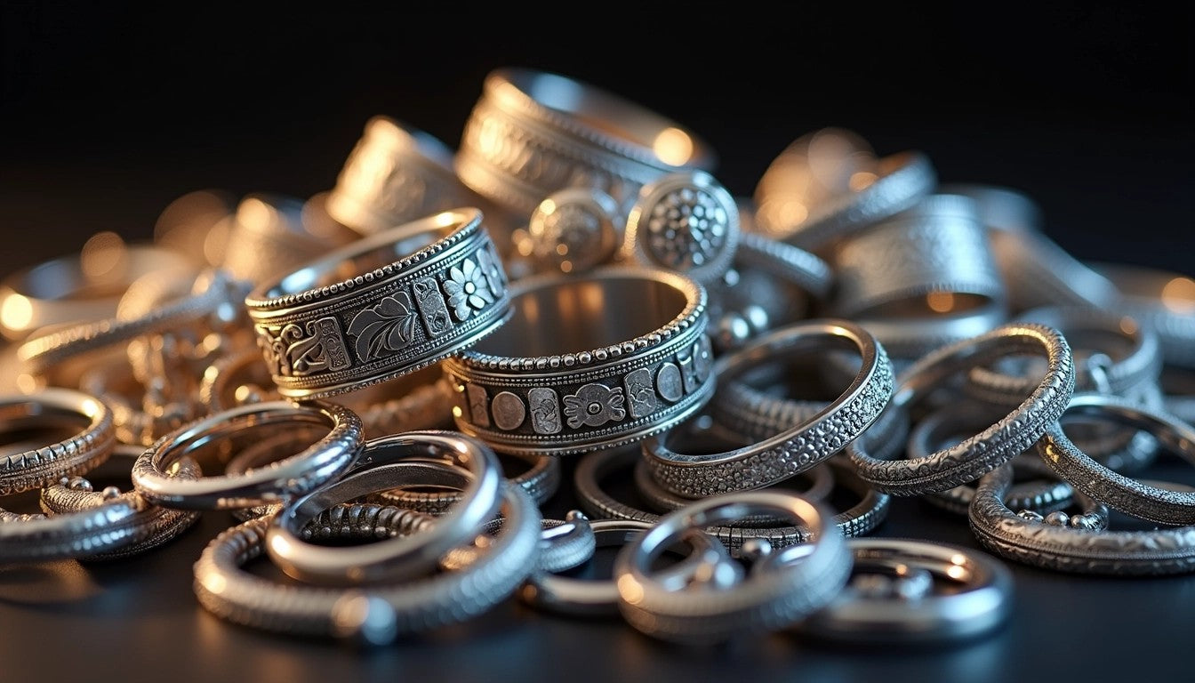 Close-up of beautifully crafted Gold rings with decorative motifs, highlighting fine jewelry artistry.