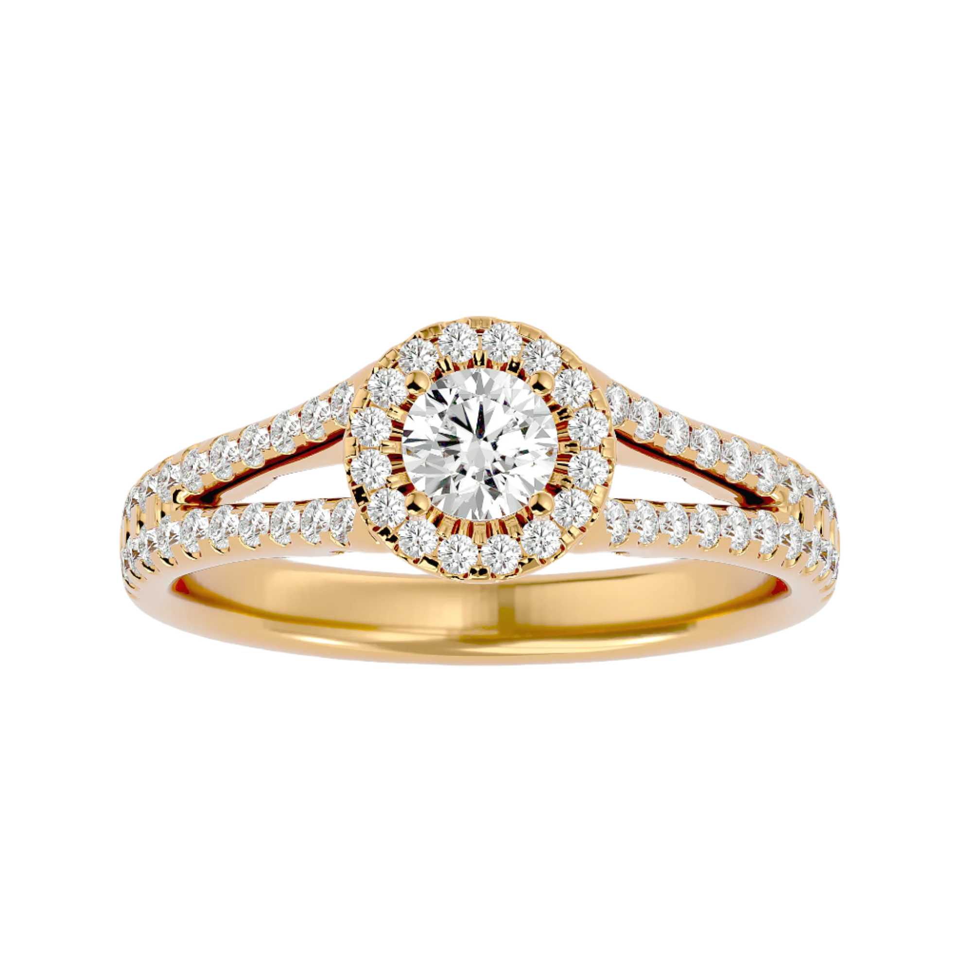 Giovanna Diamond Halo Ring with a round center stone, halo diamonds, and a split shank band encrusted with diamonds