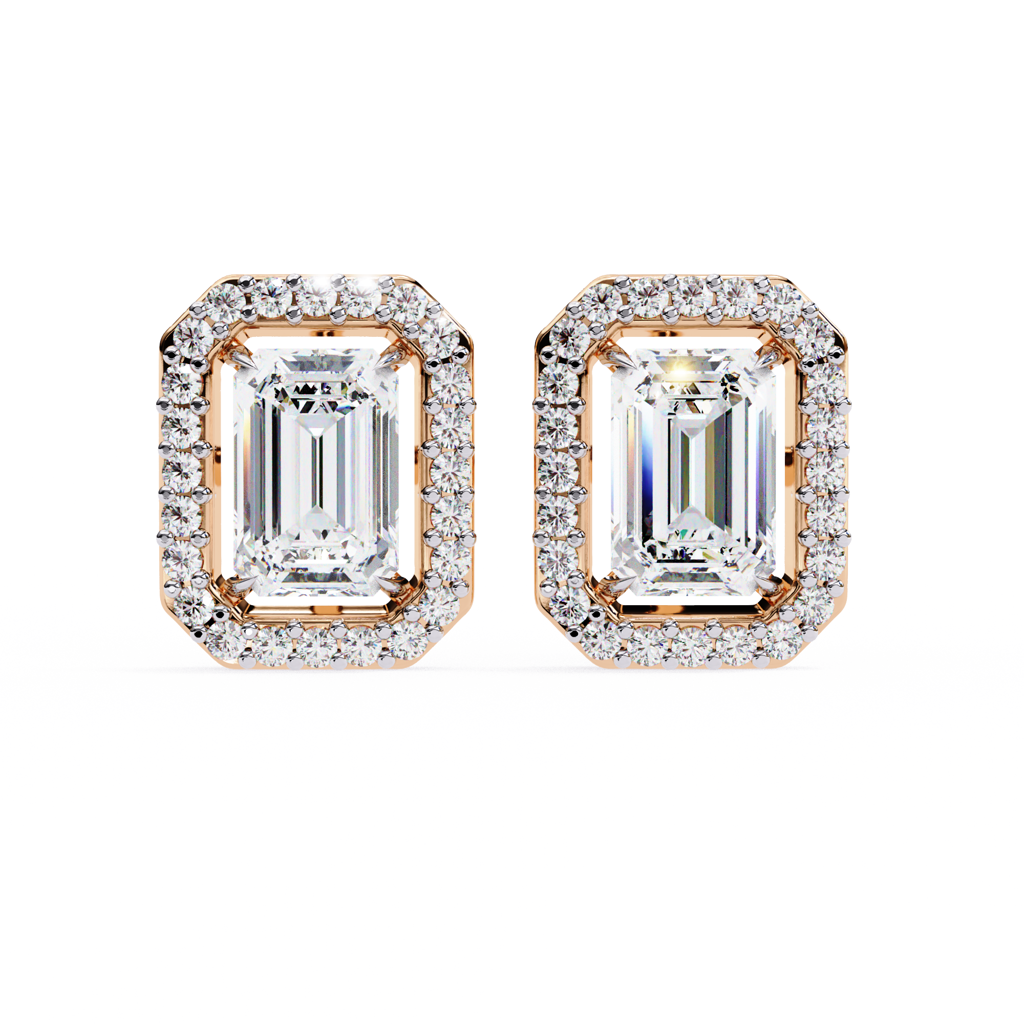 Mason Diamond Earrings with emerald-cut center diamonds surrounded by a halo of round diamonds in a gold frame.