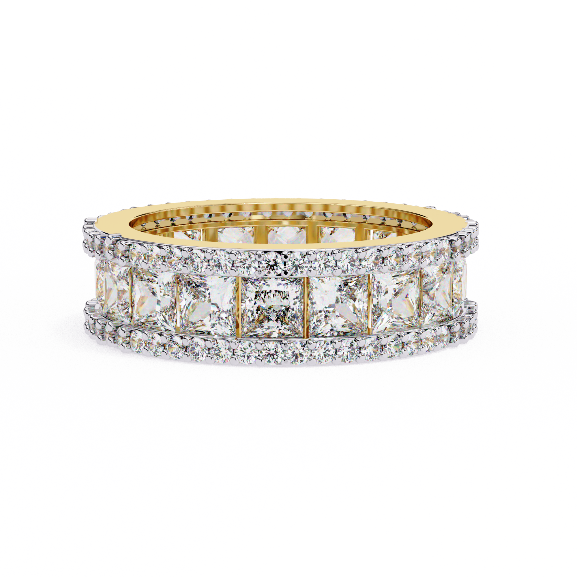 Christiana Diamond Band featuring princess-cut diamonds in gold frames with round diamond borders for added brilliance.
