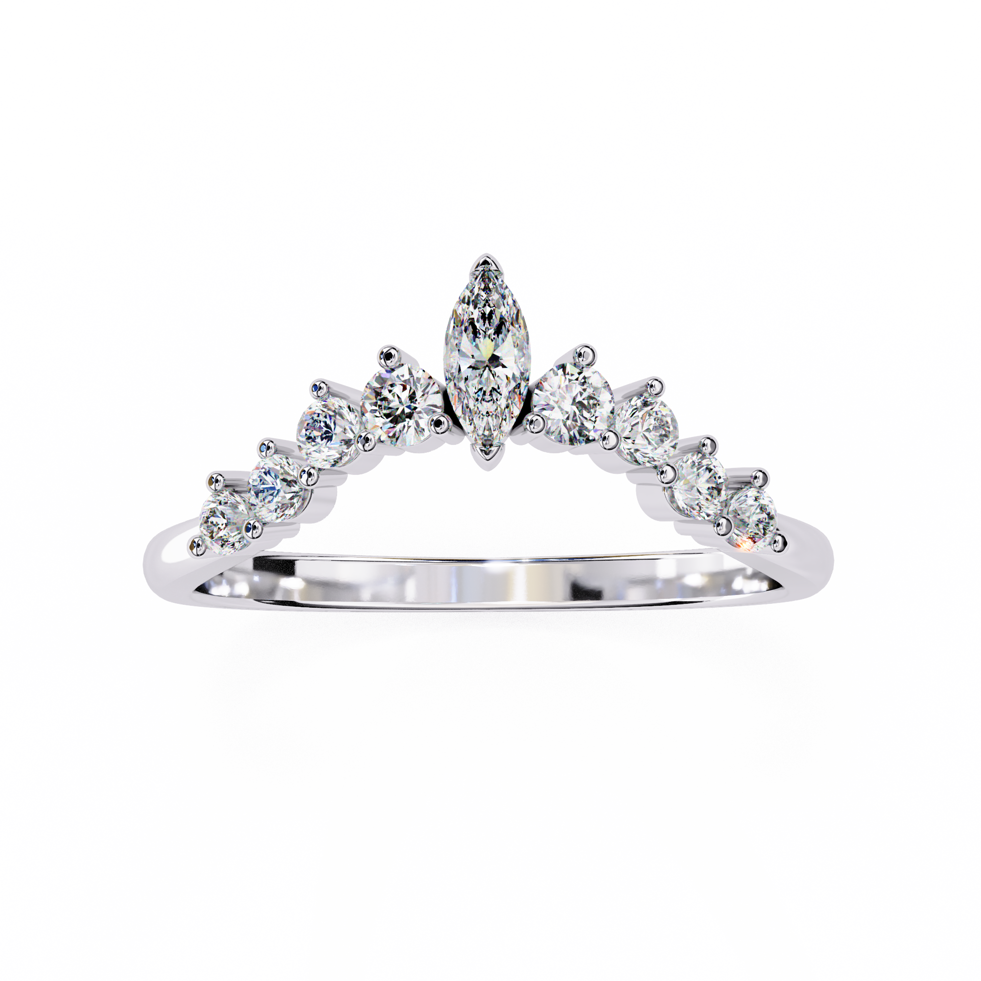 Cecelia Diamond Band with marquise-cut diamond centerpiece and curved row of round diamonds set in gold.