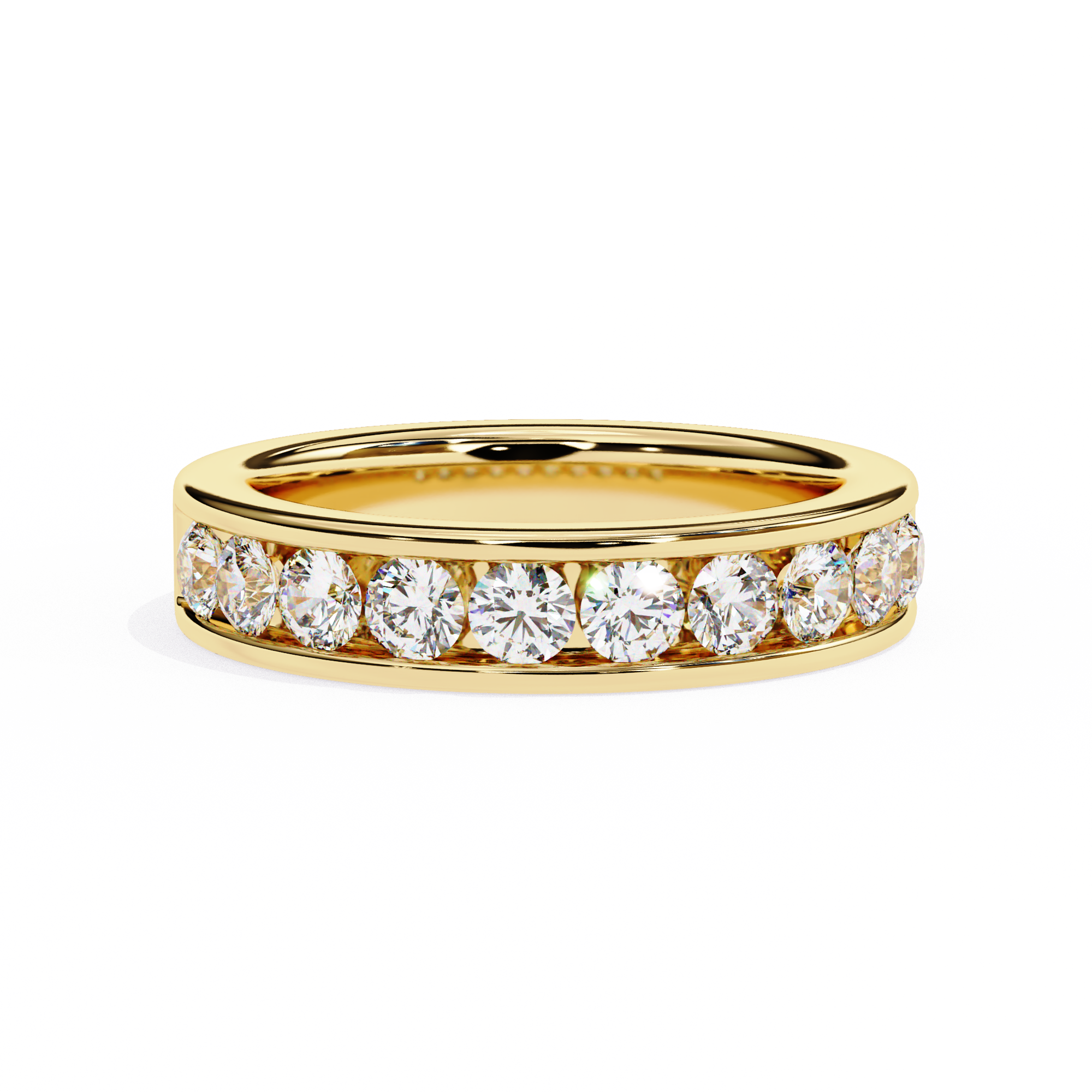 A classic yellow gold diamond band featuring a channel setting of round-cut diamonds, offering timeless elegance and lasting brilliance.