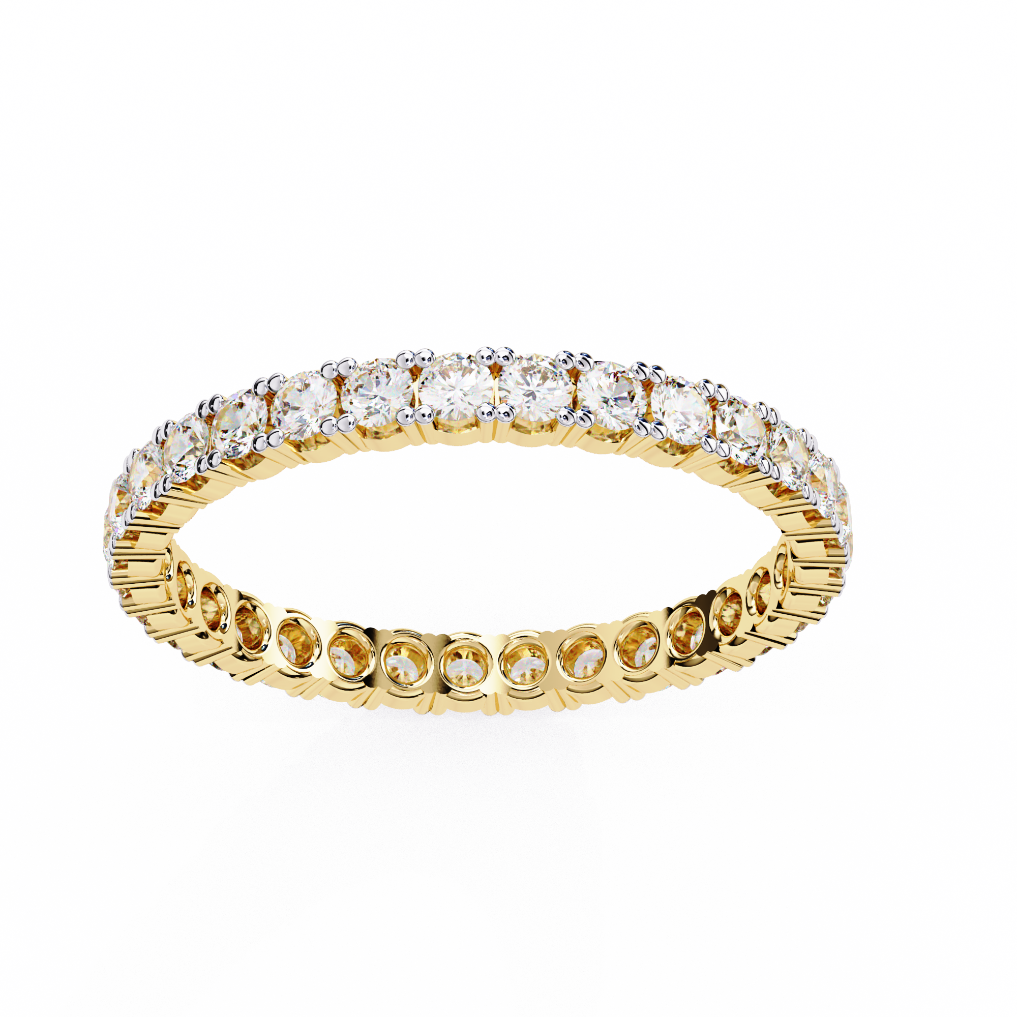 A breathtaking yellow gold eternity band featuring a continuous row of round-cut diamonds in a prong setting, symbolizing timeless elegance and brilliance.