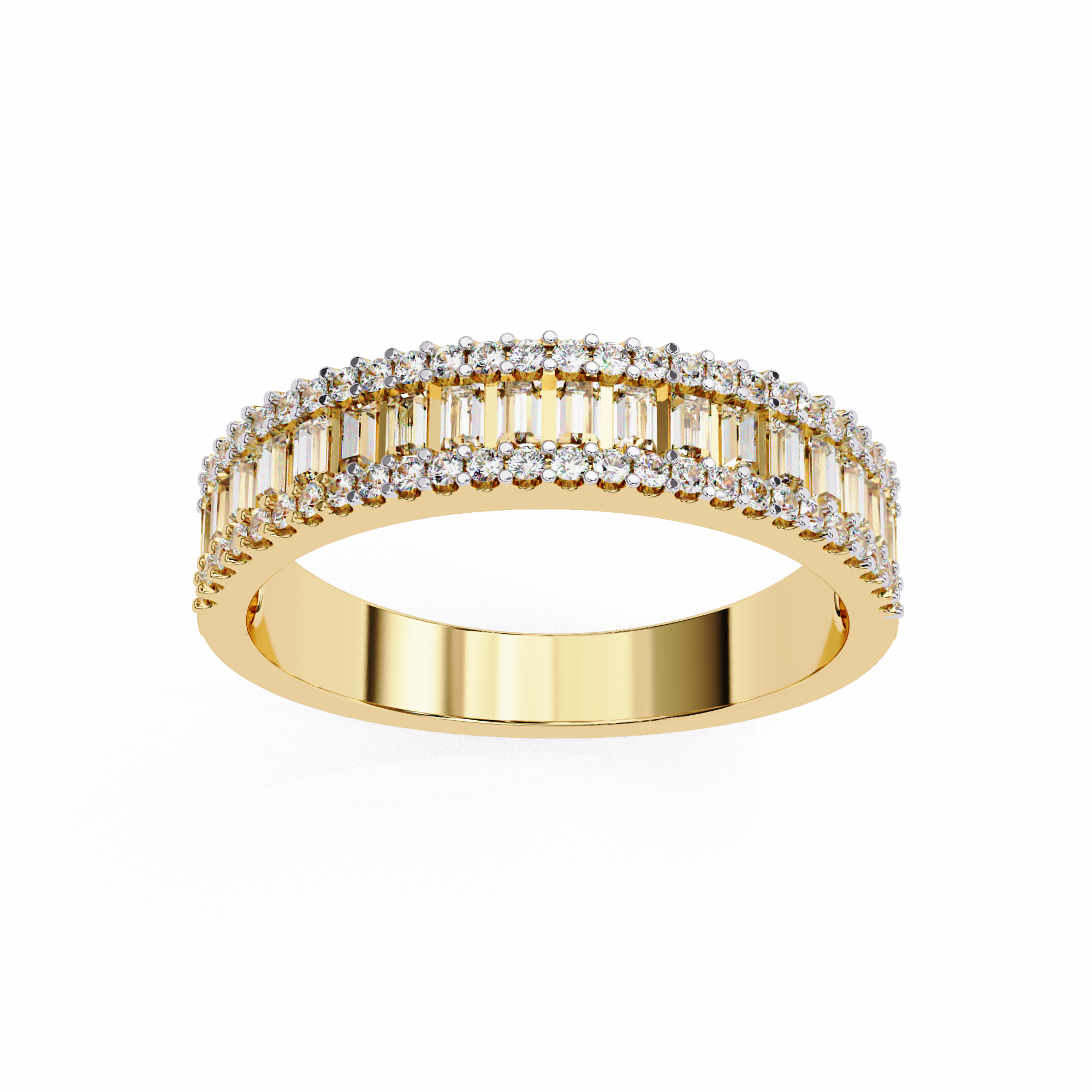 Elegant gold diamond band featuring a stunning combination of baguette-cut and round-cut diamonds, creating a sophisticated and radiant design.