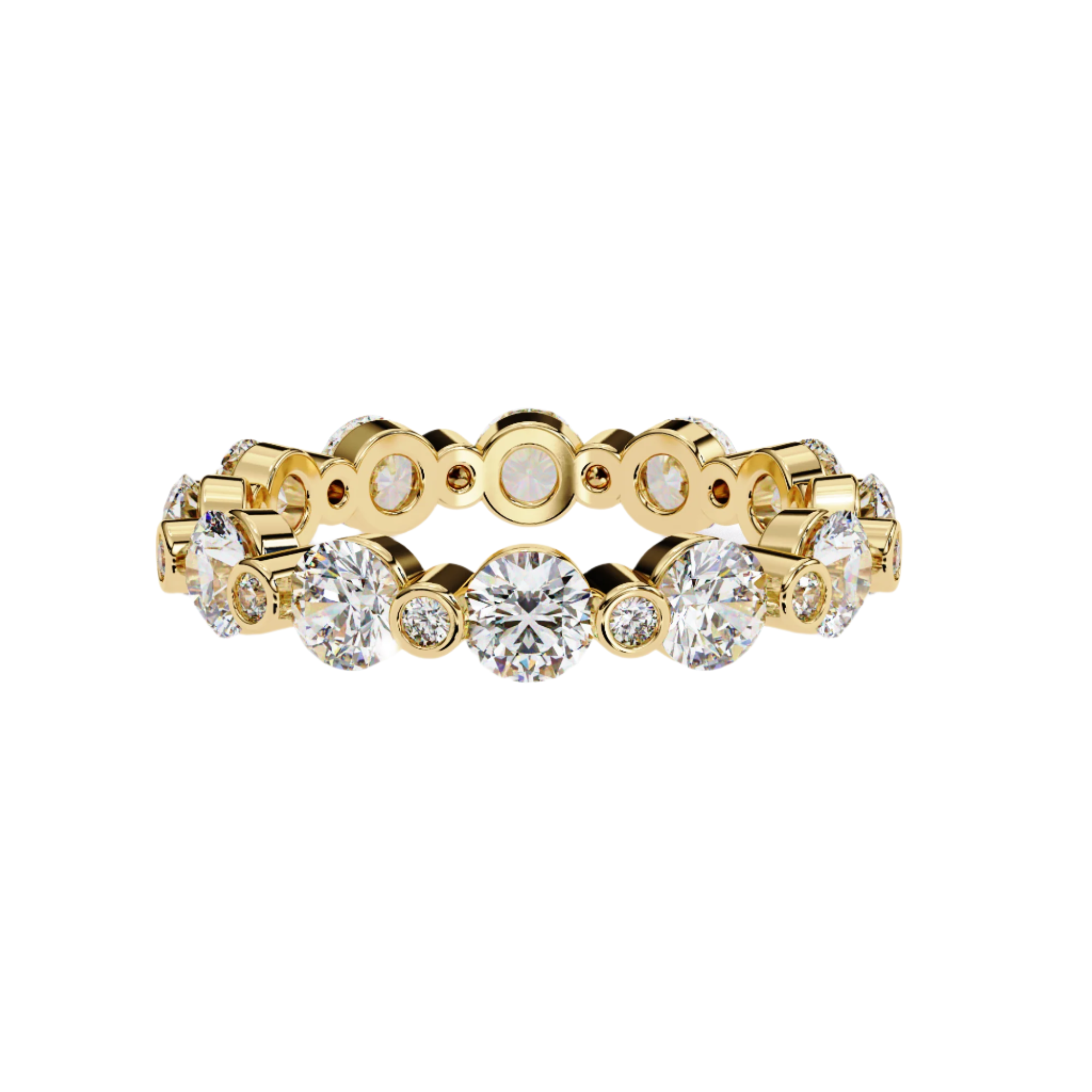 Madeline Diamond Band featuring alternating large and small round-cut diamonds in a bezel setting, crafted in gold for a bold yet elegant look.