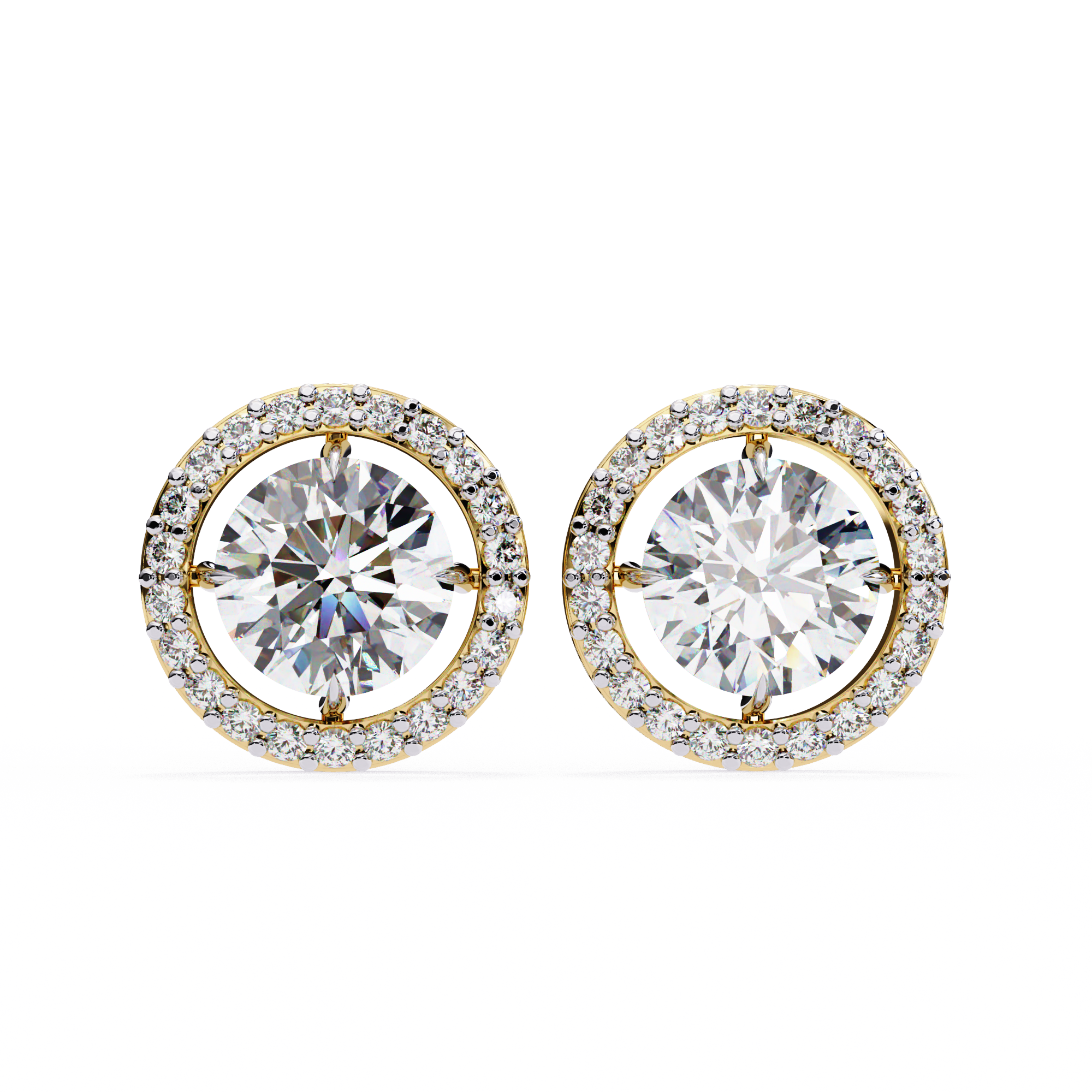 Evelyn Diamond Earrings featuring a round diamond center stone surrounded by a sparkling halo of smaller diamonds set in gold.