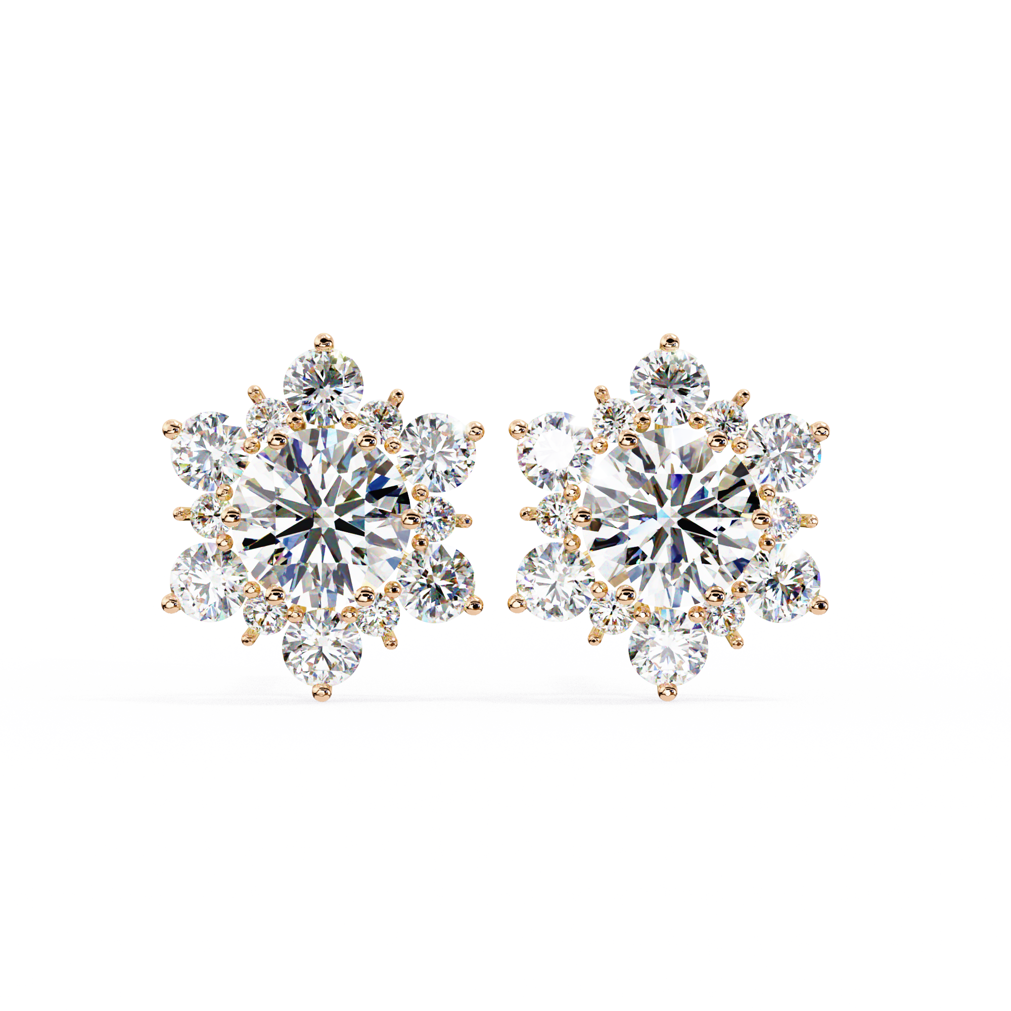 Rumi Diamond Earrings featuring a central round diamond surrounded by a halo of smaller diamonds in a floral-inspired gold setting.