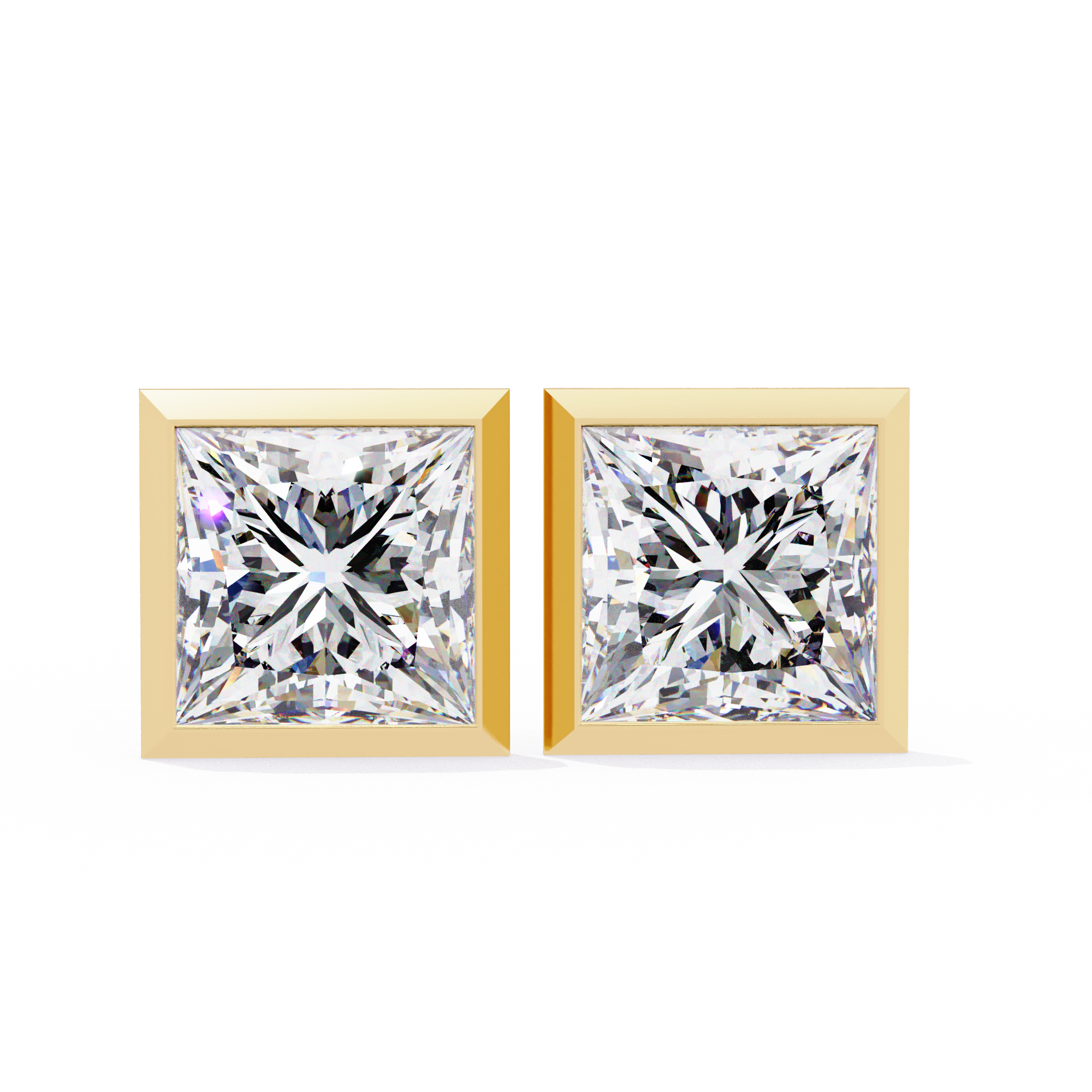 Eden Diamond Earrings featuring princess-cut diamonds in sleek gold frames, offering a modern and luxurious design.