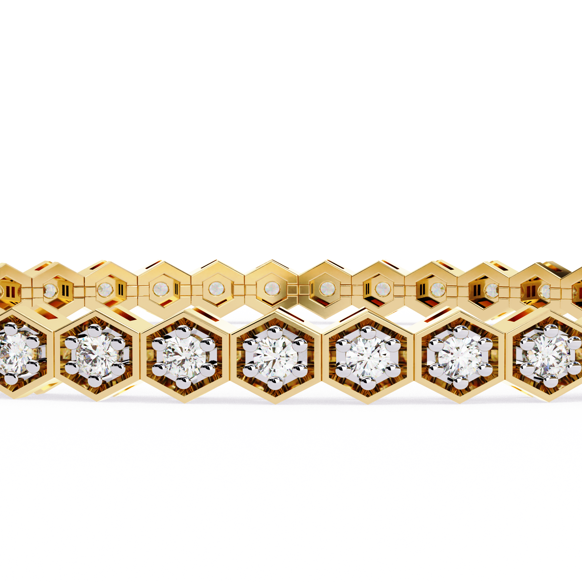 Gold Crestora Diamond Bracelet with hexagonal links and round-cut diamonds.