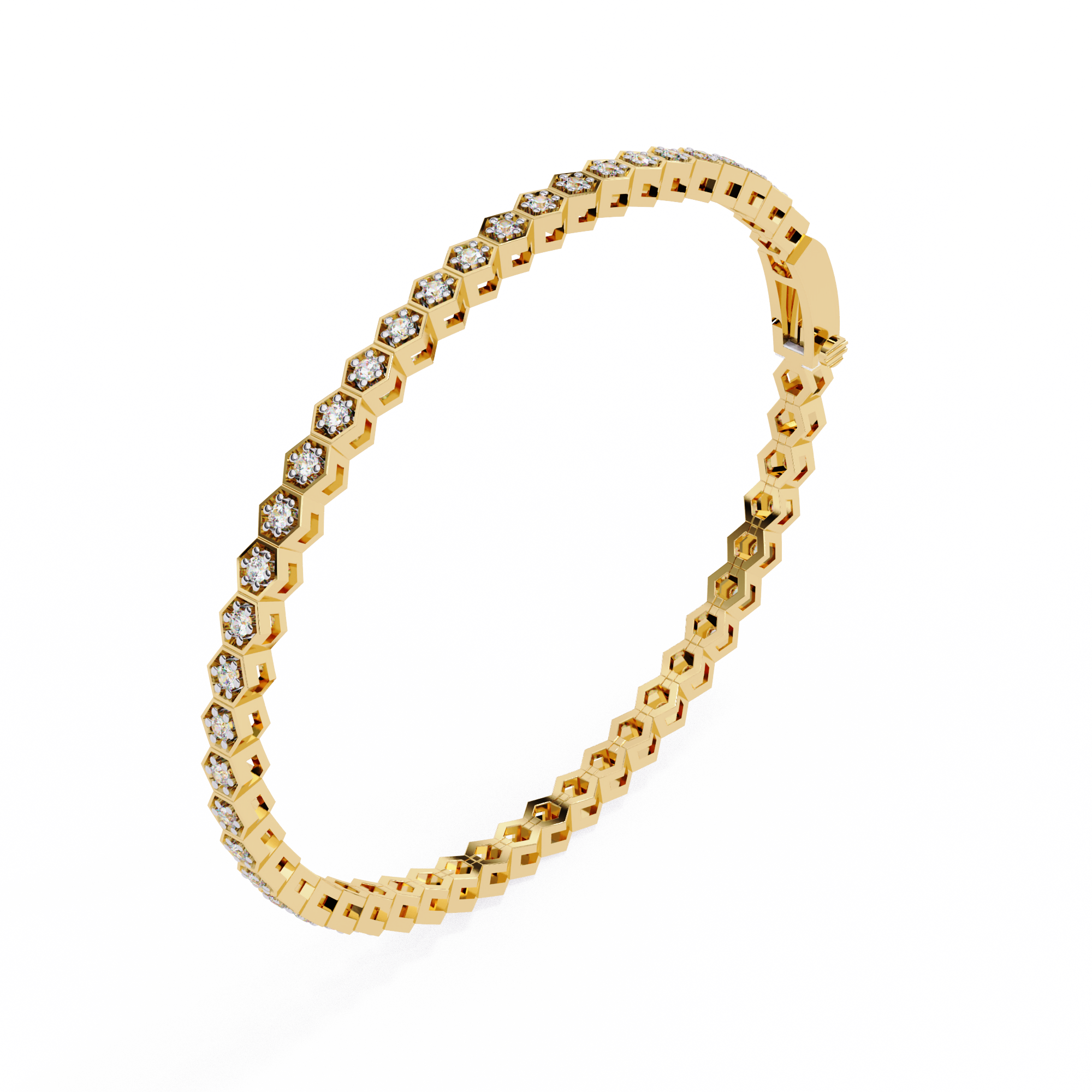 Gold Crestora Diamond Bracelet with hexagonal links and round-cut diamonds.