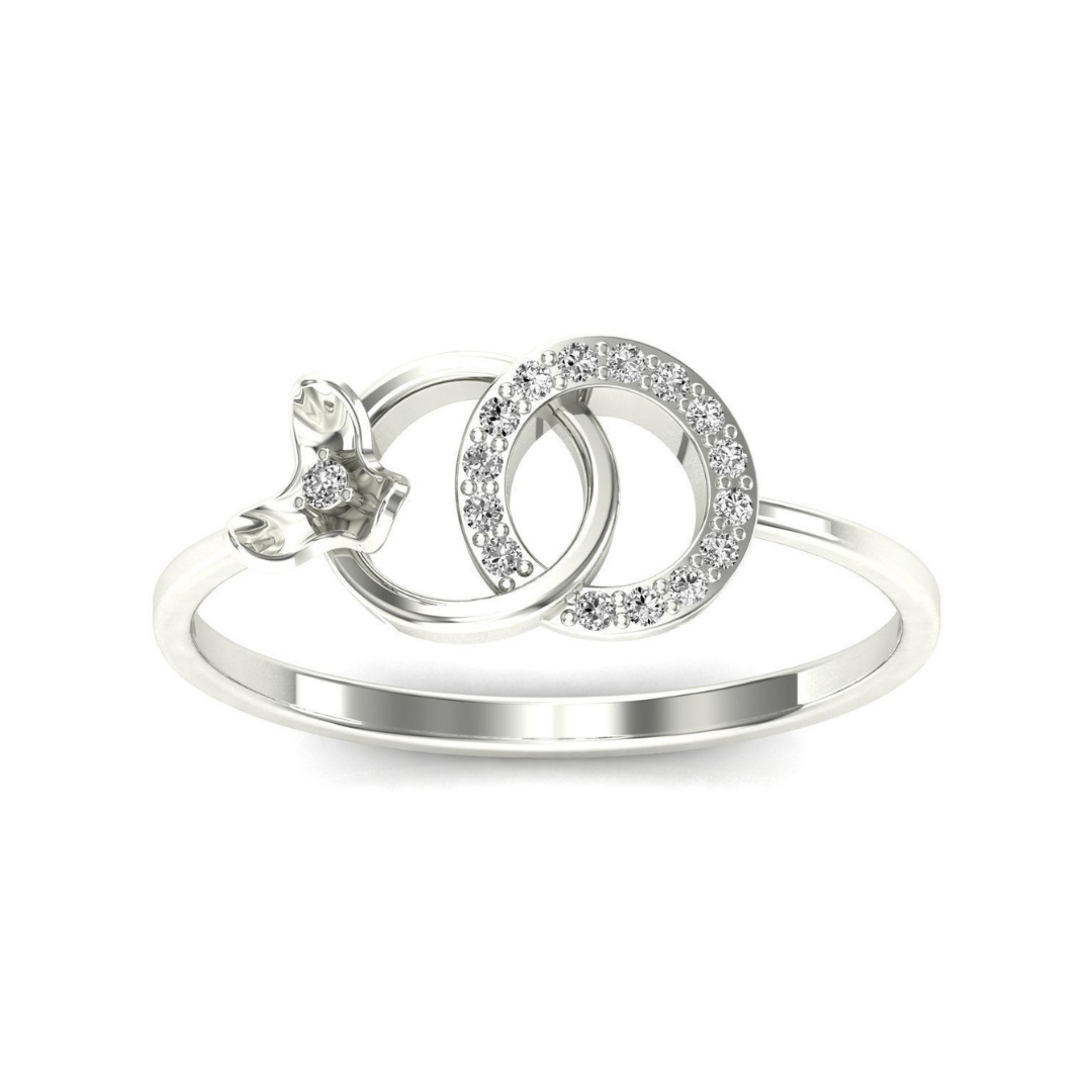 Sarah Diamond Ladies Ring with interlocking circles, diamond accents, and a floral motif on a sleek gold band for timeless elegance.