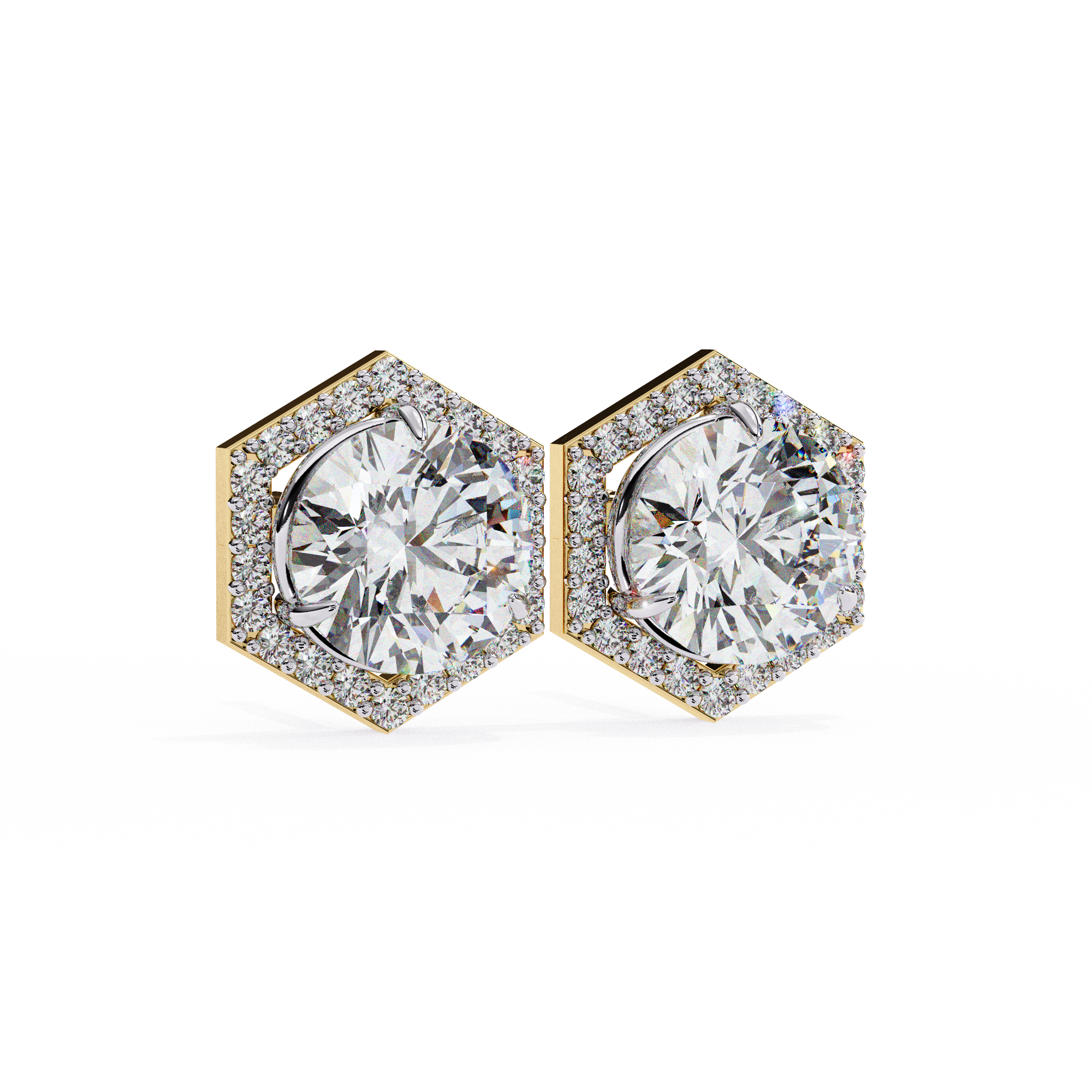Daisy Diamond Earrings featuring a hexagon gold frame with a round-cut diamond center and diamond halo for a modern yet timeless look.