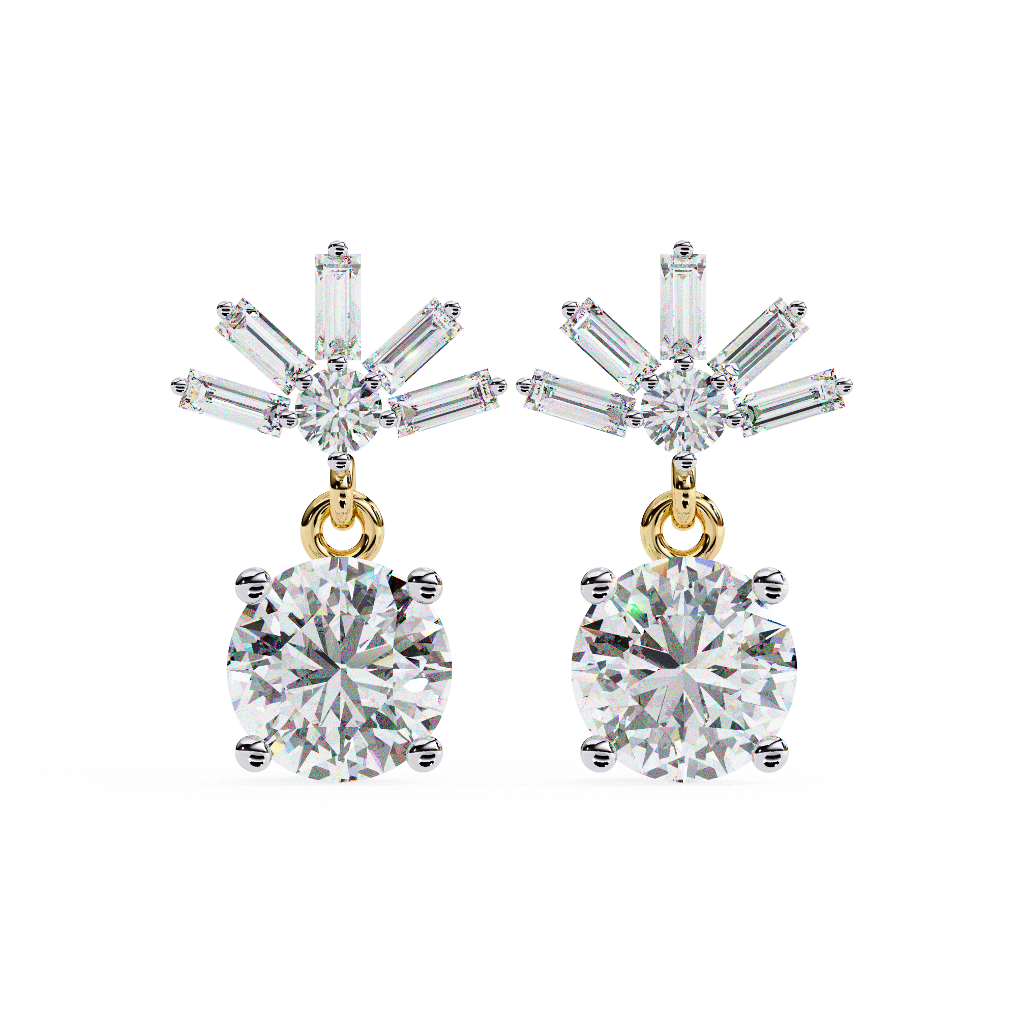 Rosa Diamond Earrings featuring round-cut diamond drops with baguette and round diamond accents set in gold for a radiant finish.