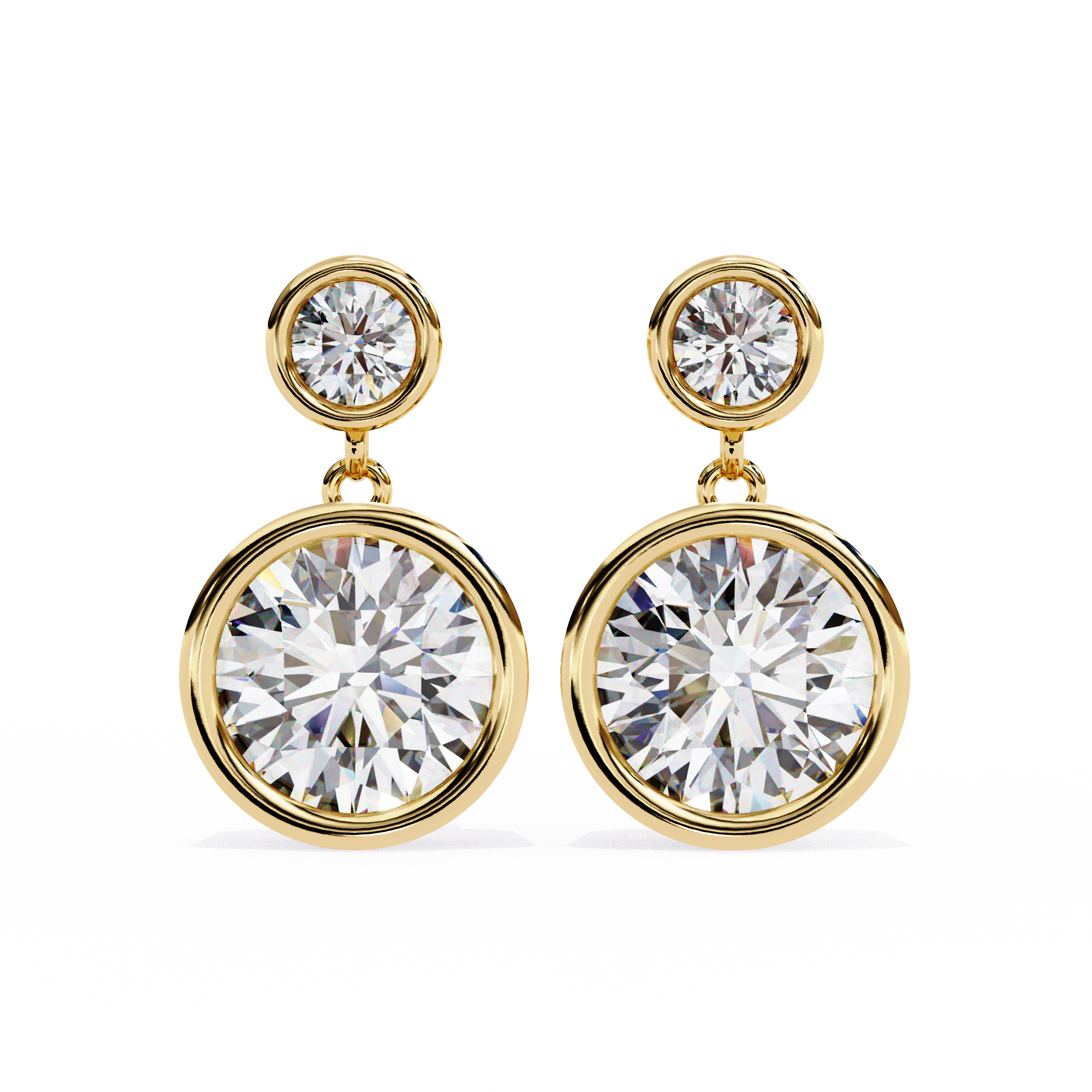Elora Diamond Earrings with round-cut diamonds in a sleek bezel-set yellow gold design.