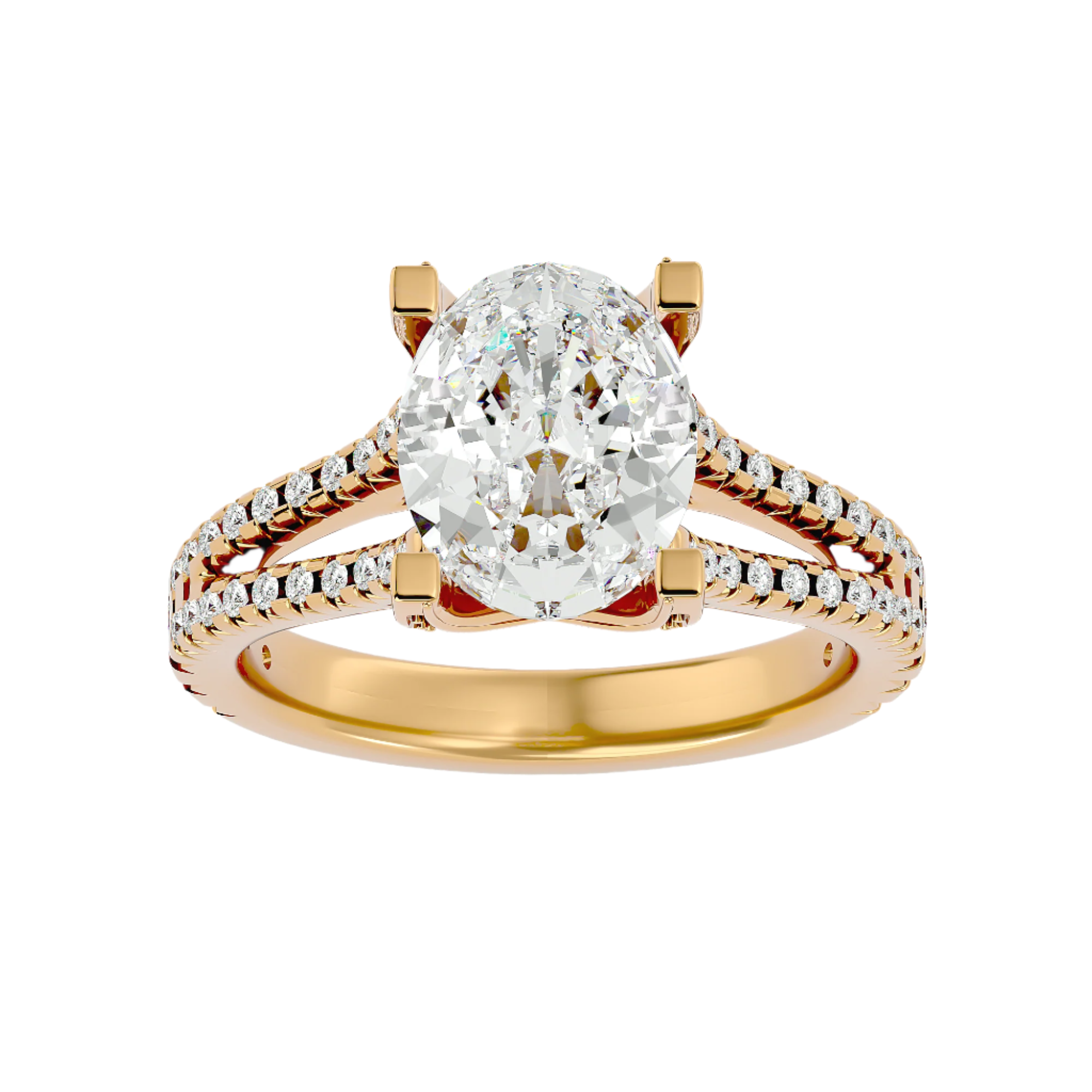 Cassie Diamond Solitaire Ladies Ring with an oval-cut diamond and split shank band featuring round diamond accents in a gold setting.