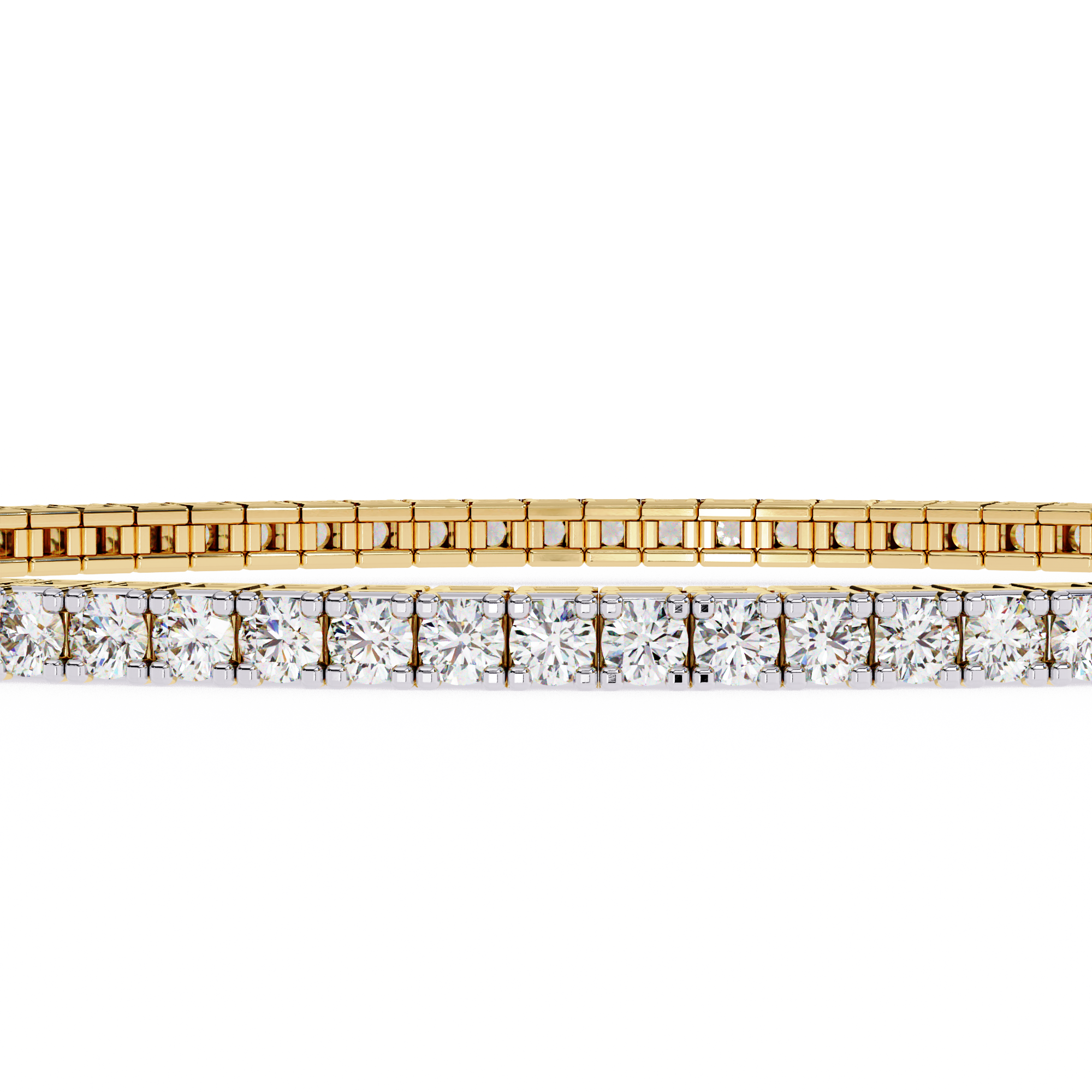 A gold Malaha diamond bracelet with a row of princess-cut diamonds in a channel setting. Also known as tennis bracelet.