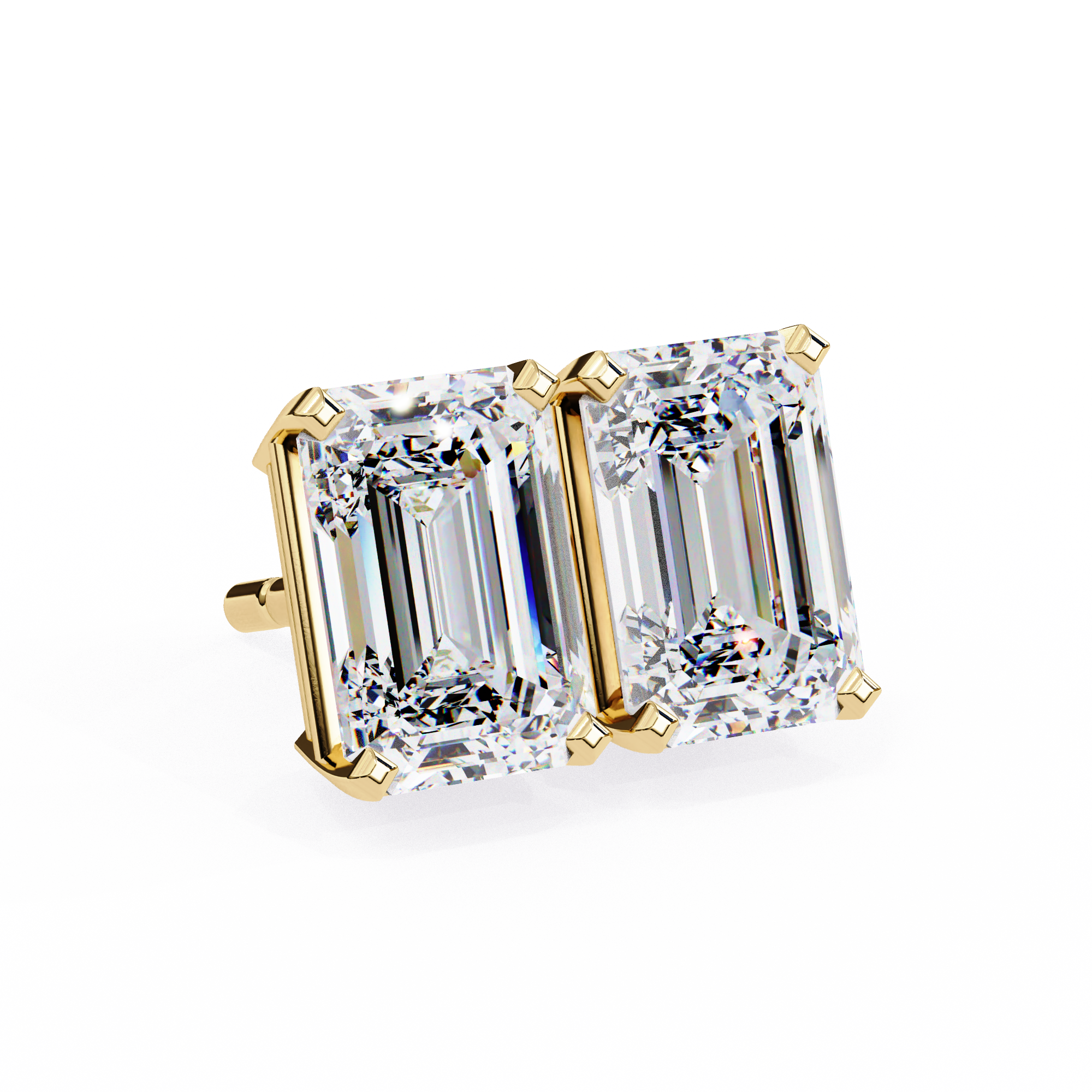 Victoria Diamond Earrings with emerald-cut diamonds set in gold with classic prong settings.