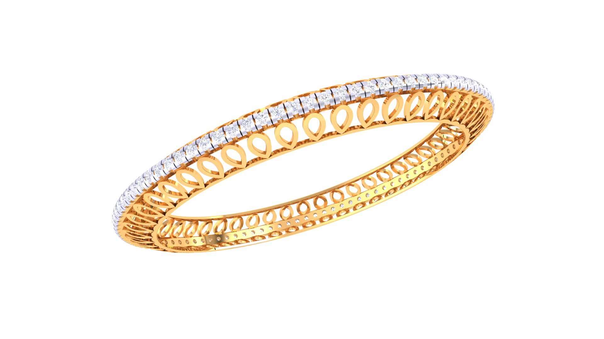 Mila Diamond Bangles: Gold bands with alternating sections of diamond clusters and open spaces.