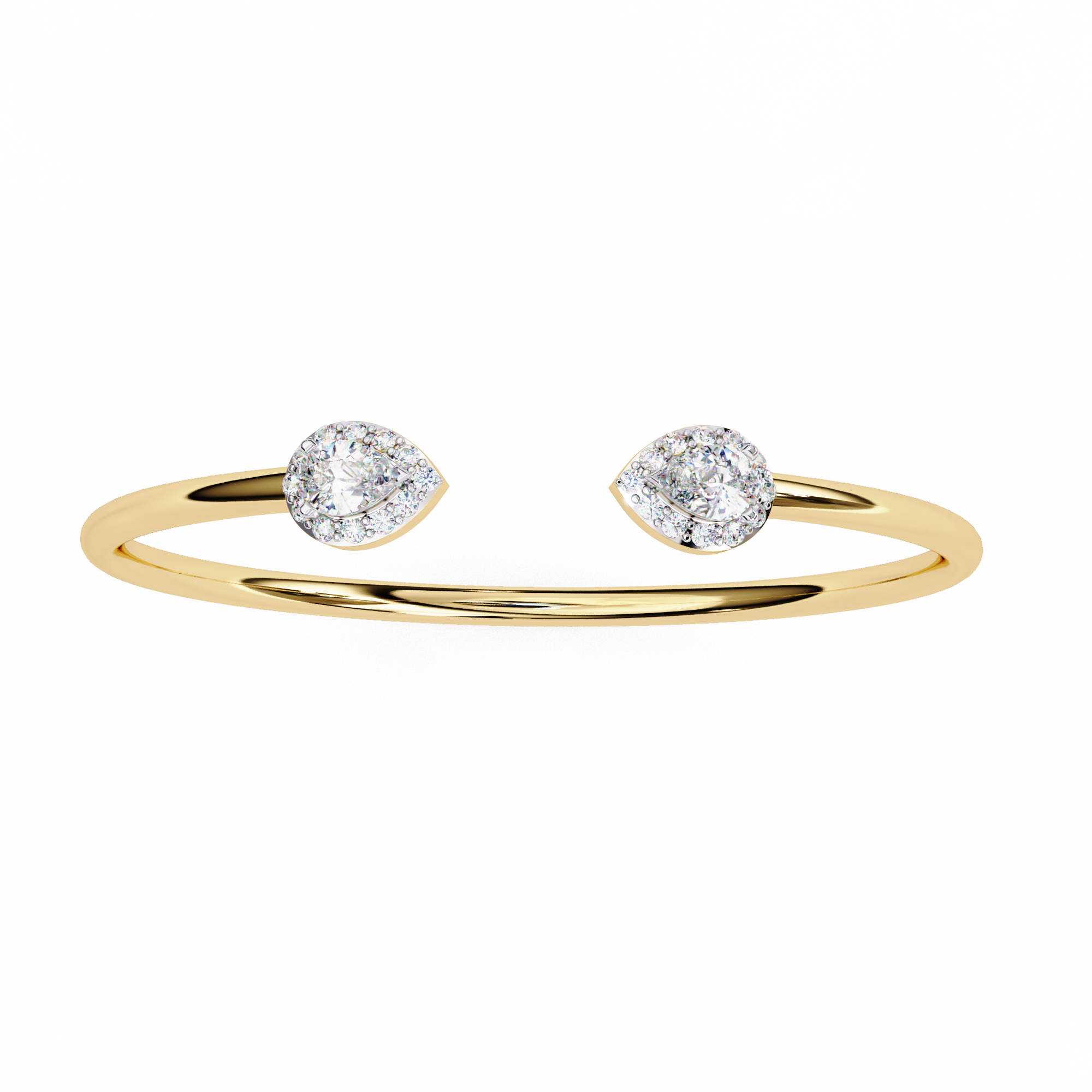 Aria Diamond Bracelet in gold with an open-ended design, featuring two pear-shaped diamond halos for a modern and elegant look.