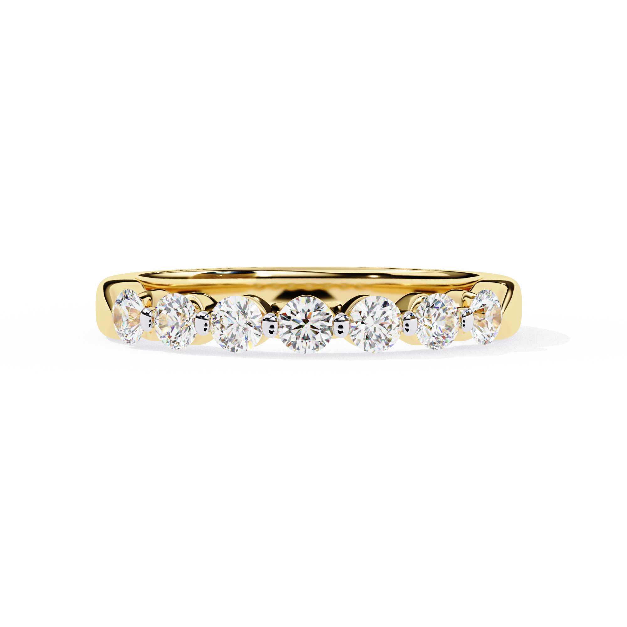 A luxurious gold diamond band featuring seven round-cut diamonds in a sleek, polished setting, offering a timeless and elegant look.