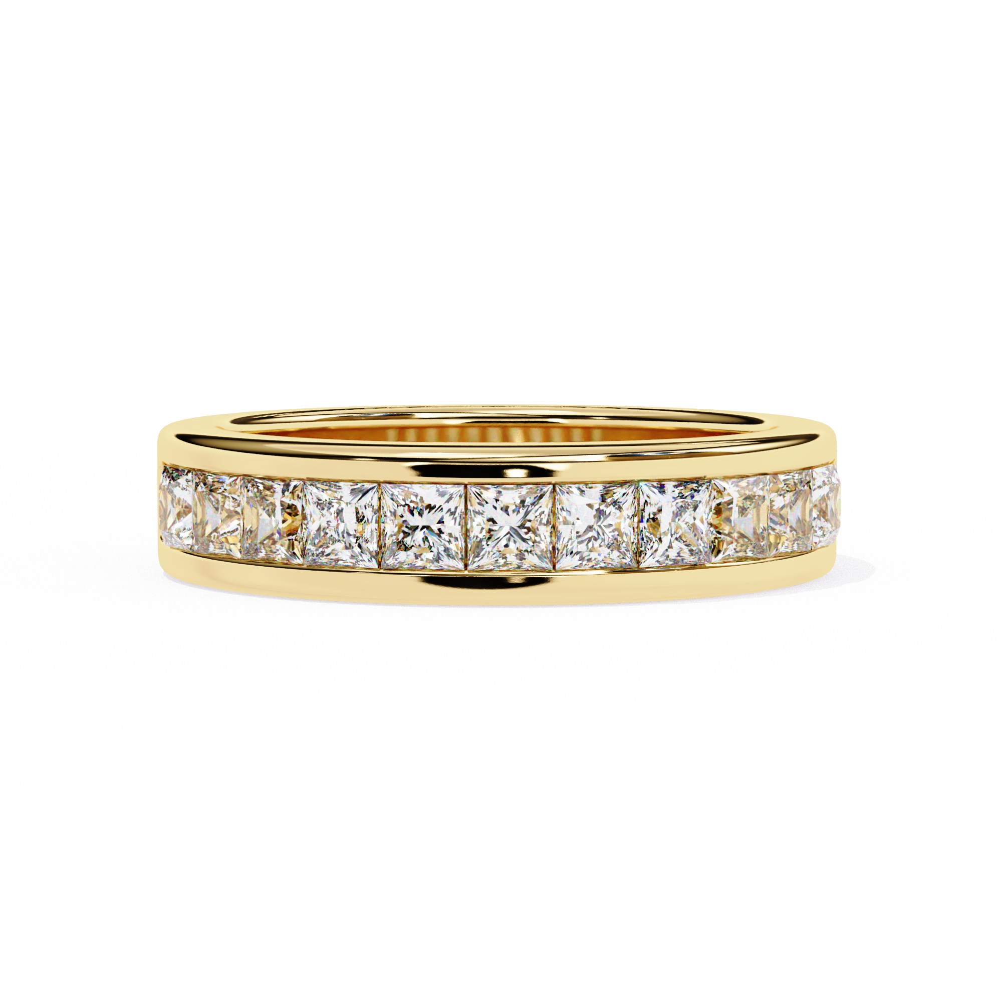 A sophisticated yellow gold diamond band featuring princess-cut diamonds in a sleek channel setting, offering modern elegance and lasting brilliance.