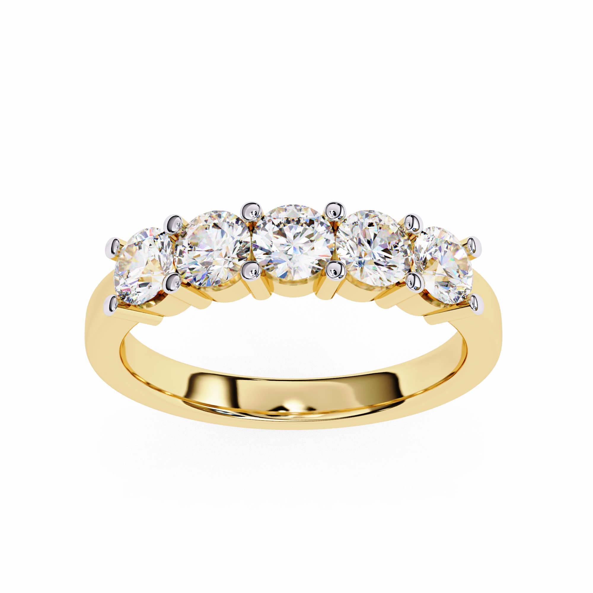 A stunning yellow gold diamond band featuring five round-cut diamonds in a classic prong setting, radiating brilliance and timeless elegance.