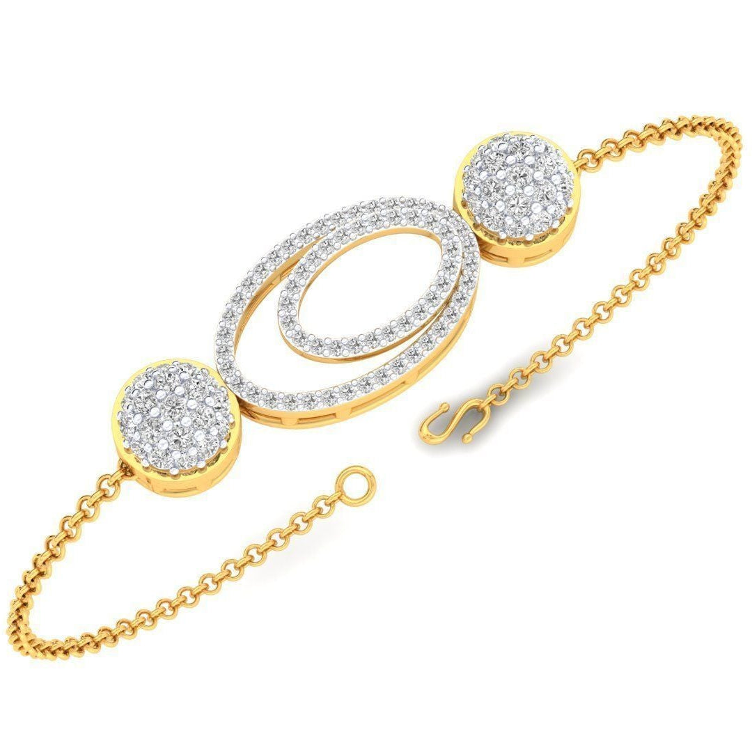 Gold bracelet with diamond-studded oval and circular motifs, featuring a delicate chain and adjustable clasp.