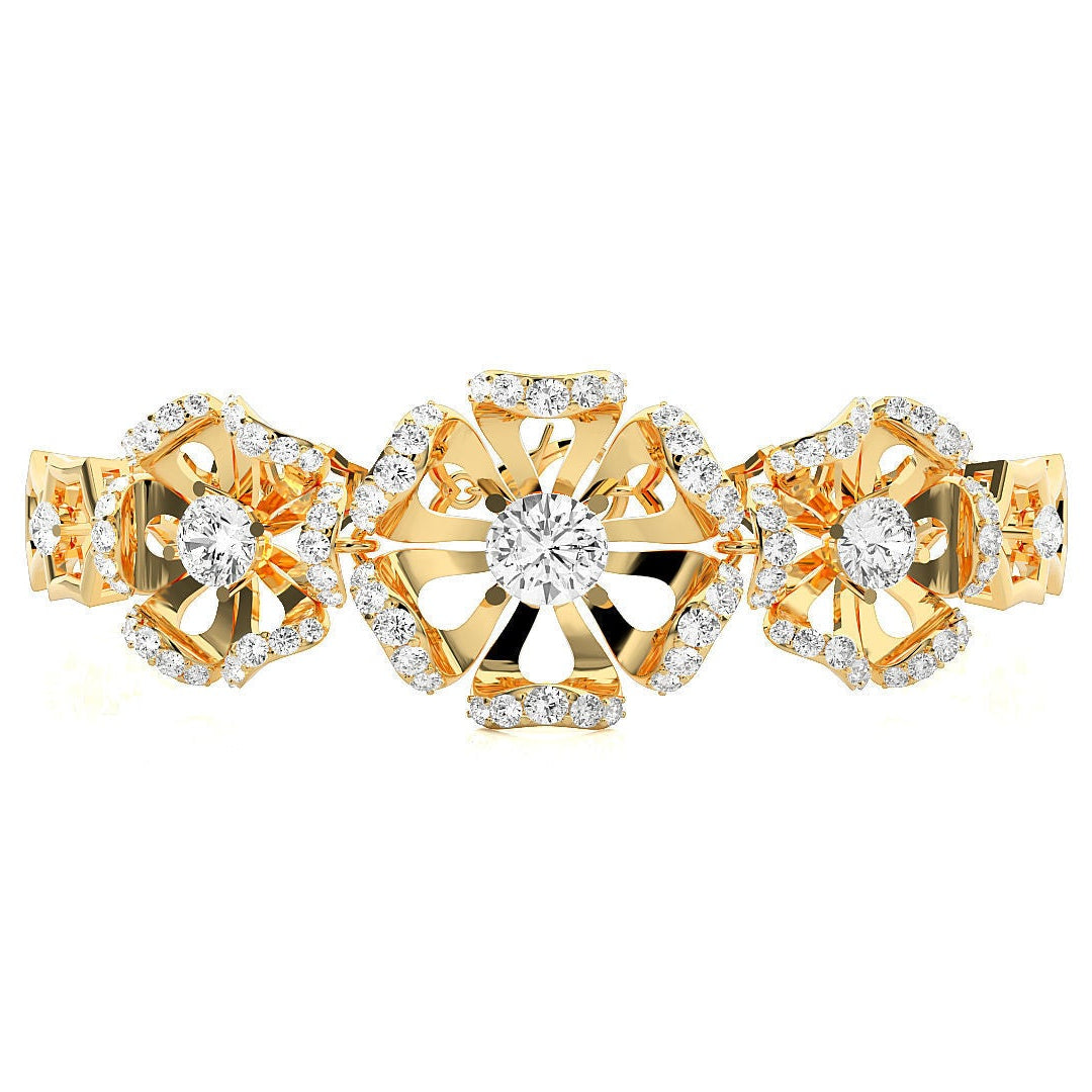 Gold floral diamond bracelet featuring intricate openwork designs, round-cut diamonds, and a luxurious, elegant finish.