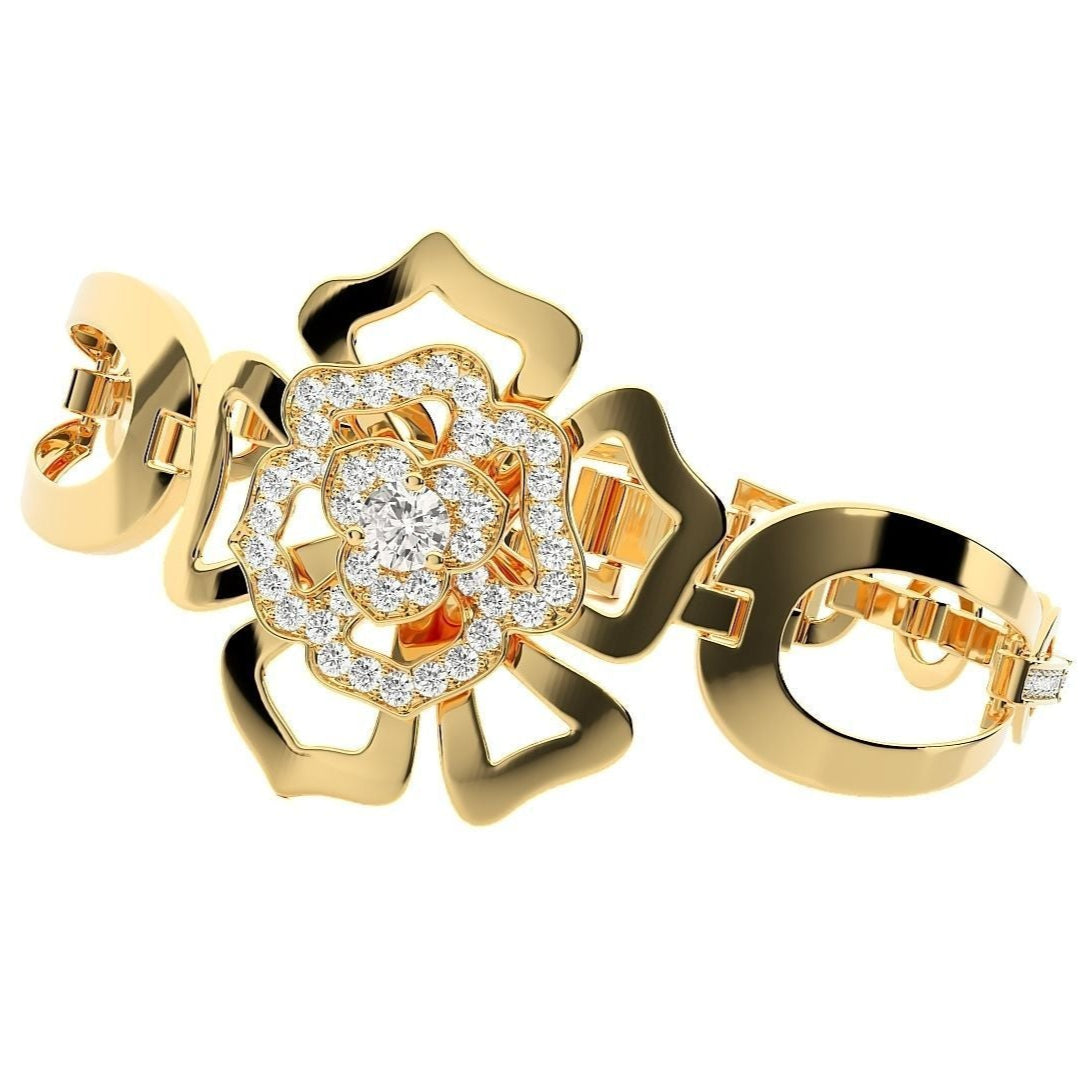 Gold diamond bracelet with an intricately designed floral centerpiece, encrusted with shimmering diamonds, featuring a unique geometric link design.