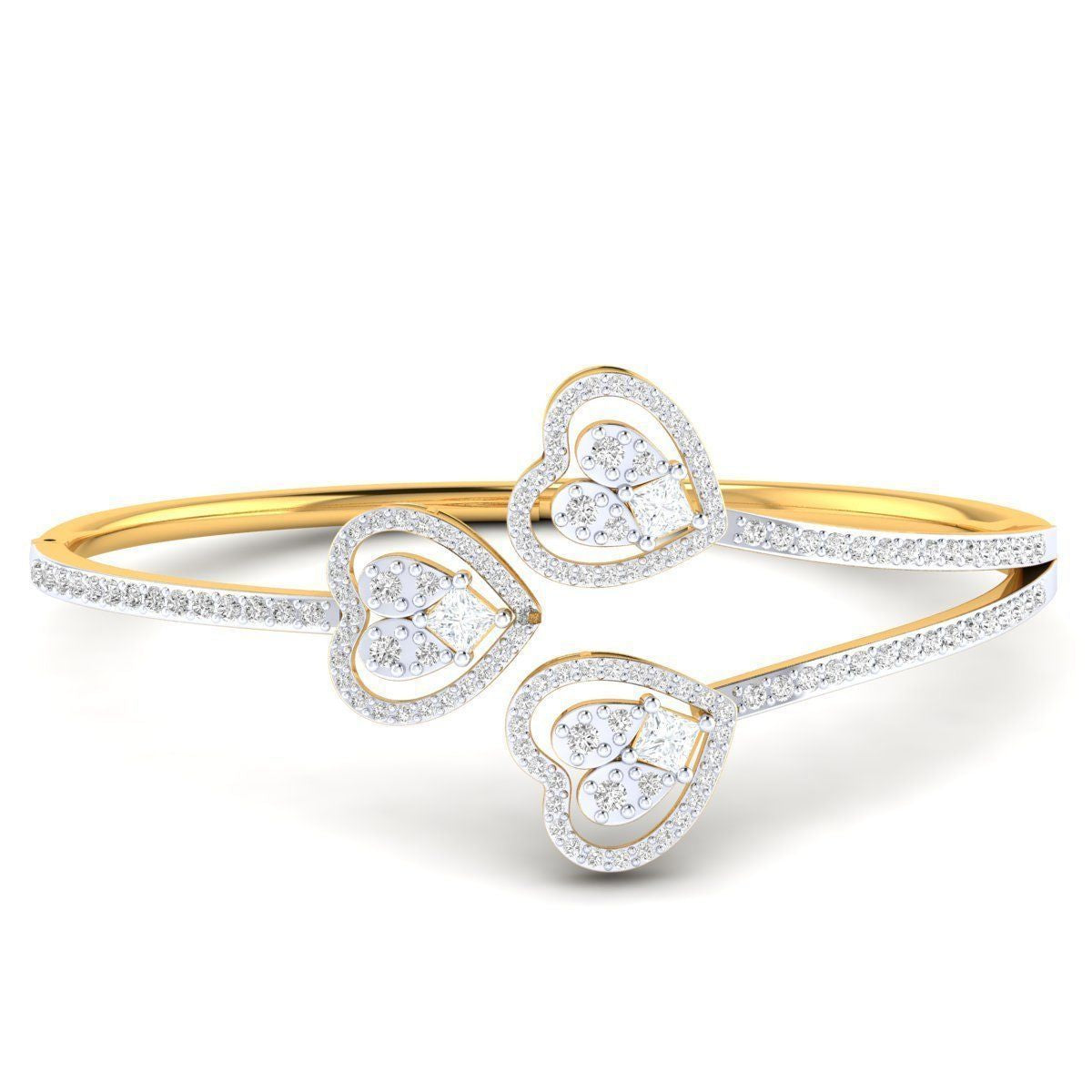 Gold bracelet featuring three heart-shaped designs, outlined with round diamonds and set with princess-cut center stones, crafted for timeless elegance.