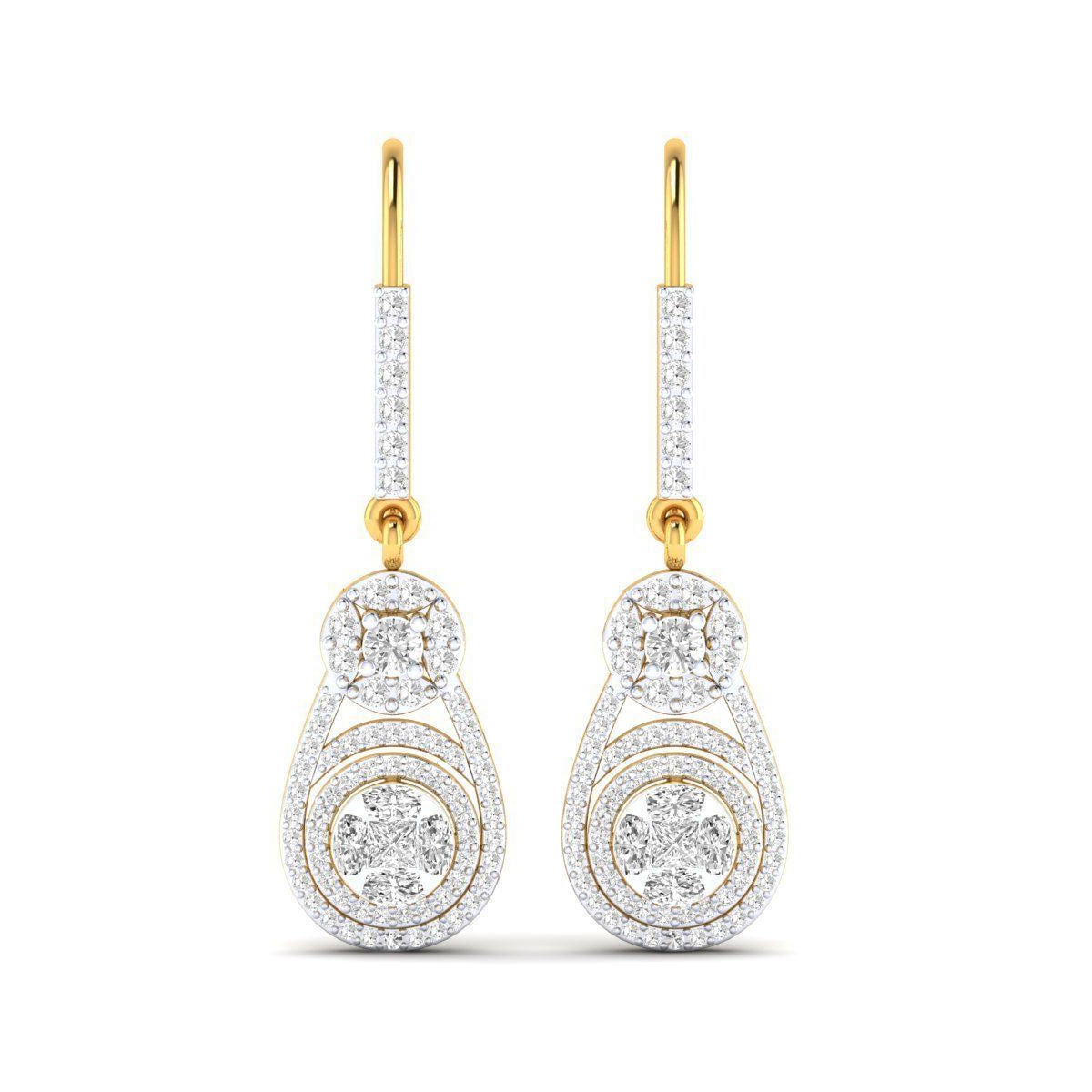 Elegant gold teardrop earrings with concentric diamond-studded circles and a brilliant diamond centerpiece.