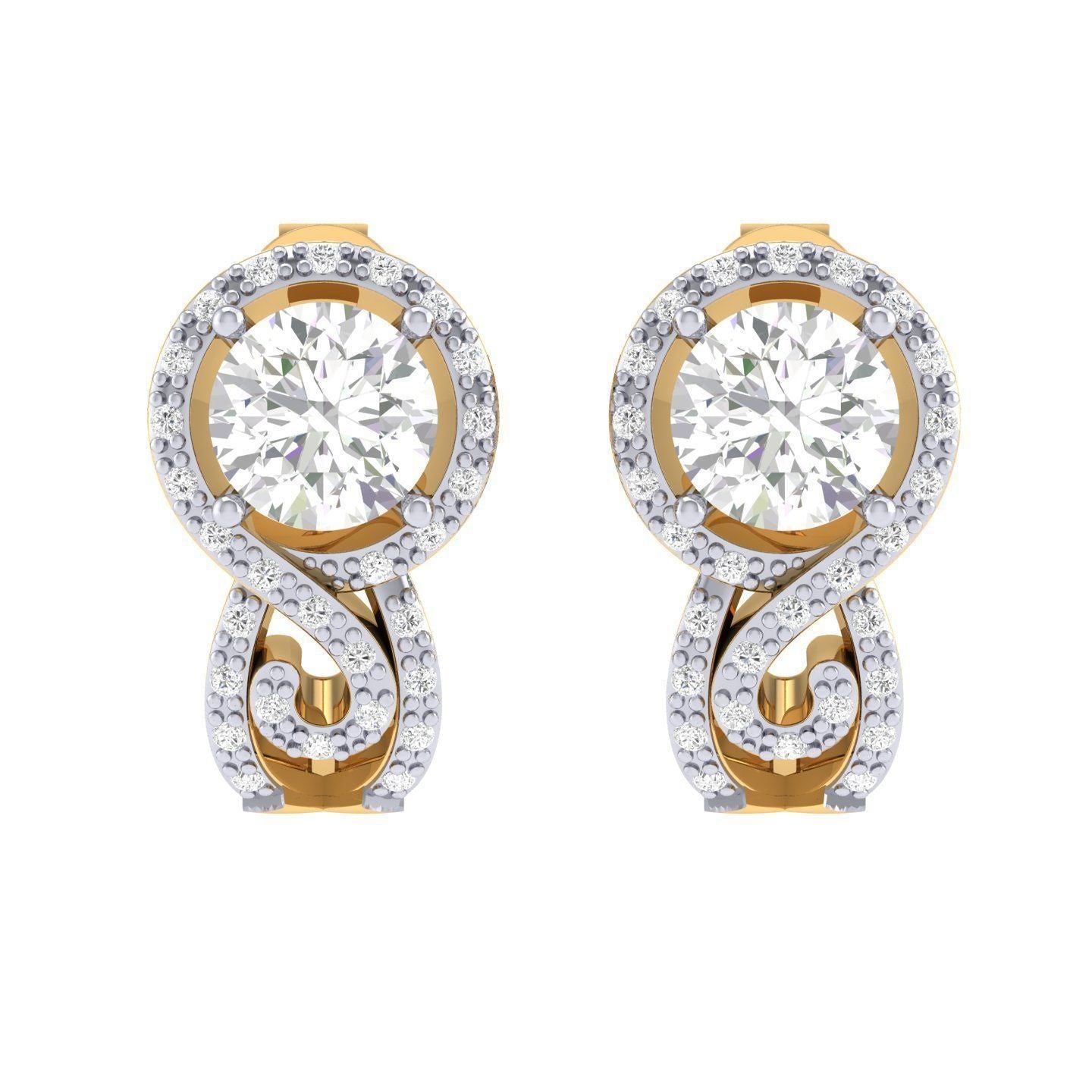 India Solitaire Earrings in gold with a swirl diamond-studded design and a striking solitaire centerpiece.