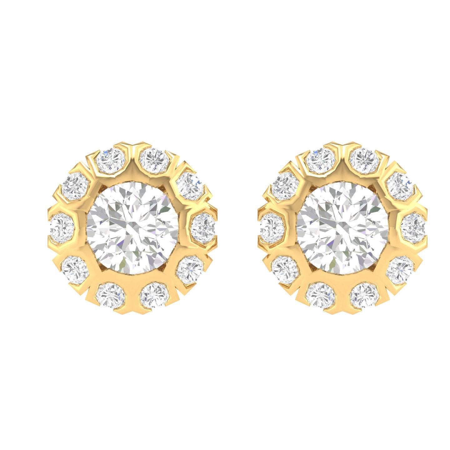 Gold diamond stud earrings featuring a central solitaire surrounded by a halo of shimmering diamonds for a bold yet elegant design.