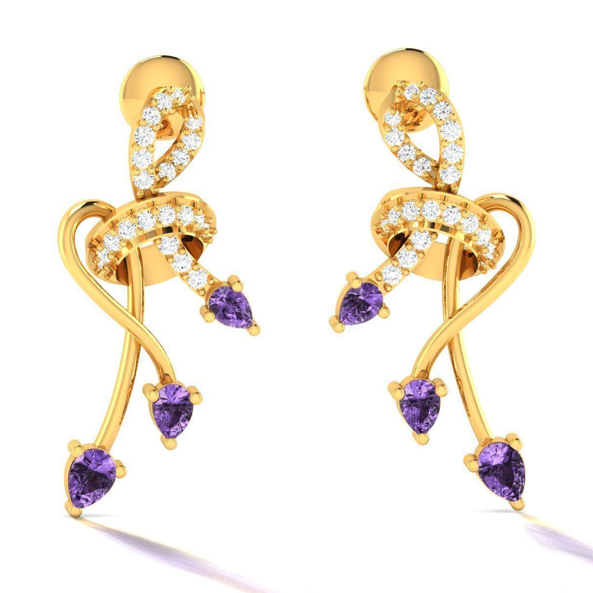 : Joselyn Diamond Earring featuring a gold and diamond bow-like design with pear-shaped amethyst gemstone drops, creating a luxurious and elegant look.