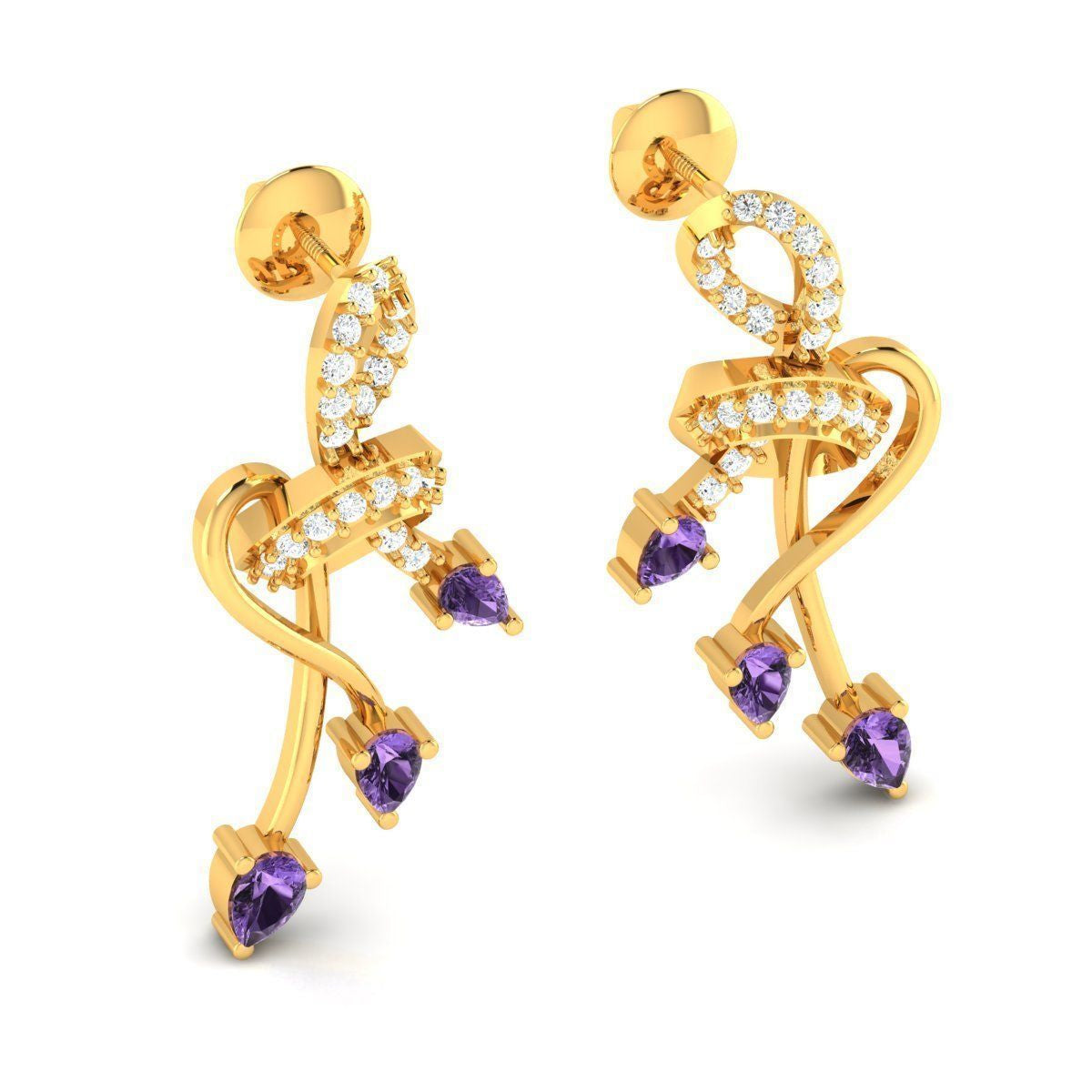 Joselyn Diamond Earring features a gold and lab grown diamond bow-like design with pear-shaped amethyst gemstone drops, creating a luxurious and elegant look.