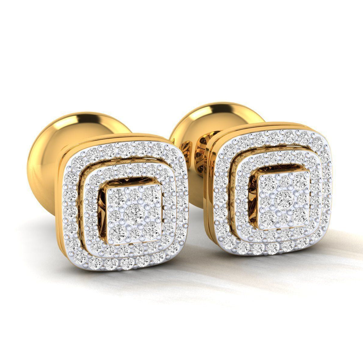 A pair of Violeta Diamond Earrings featuring a square, multi-layered gold frame encrusted with pavé-set diamonds, offering a luxurious and elegant design.