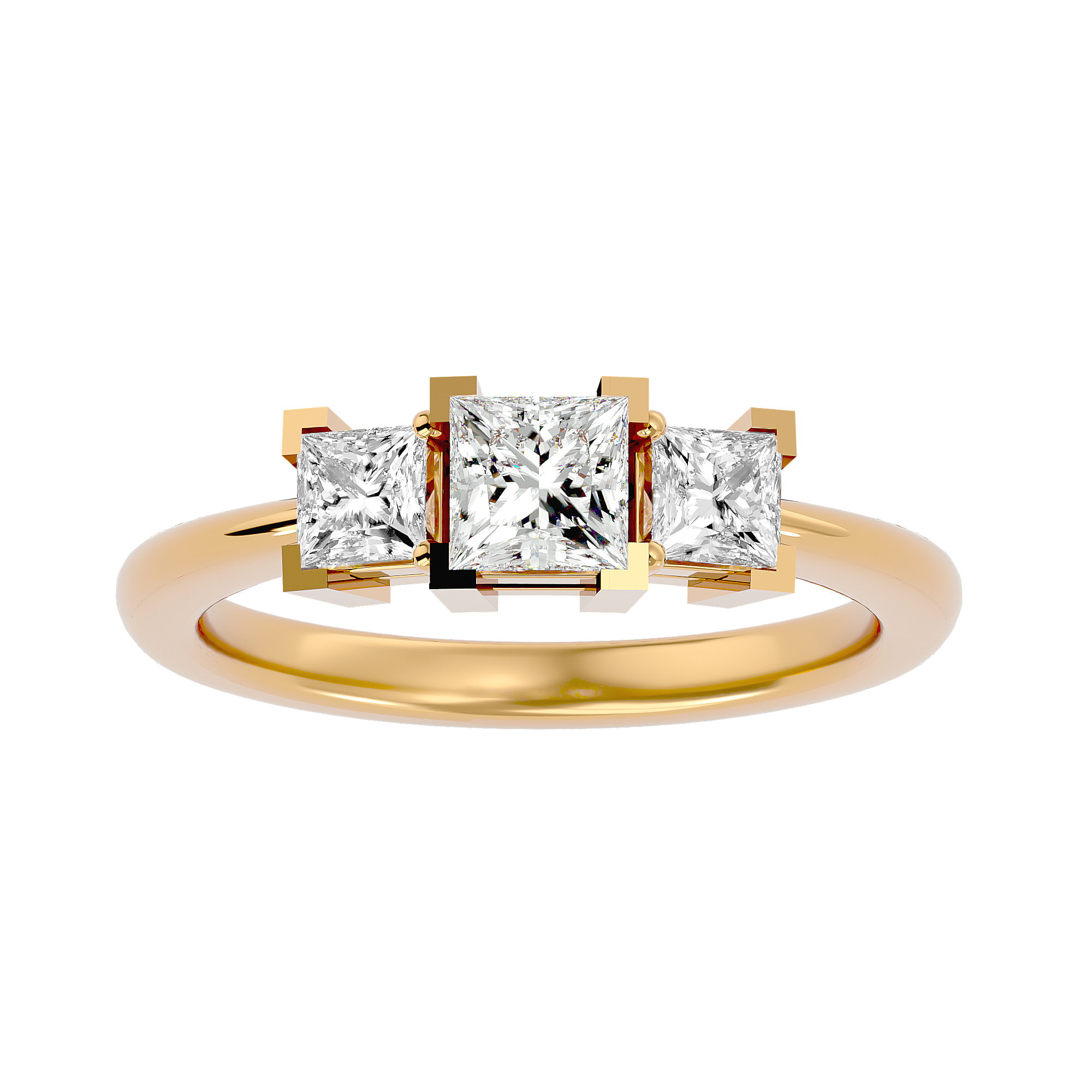 Princess-cut three-stone diamond ring in yellow gold with a sleek, modern setting.