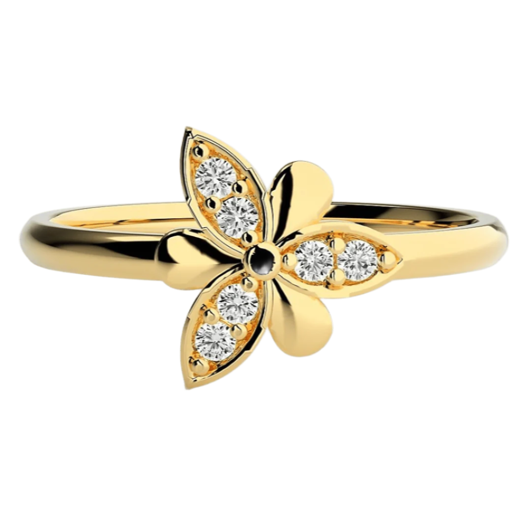 Gold floral diamond ring with delicate petal design featuring sparkling diamonds for a nature-inspired look.