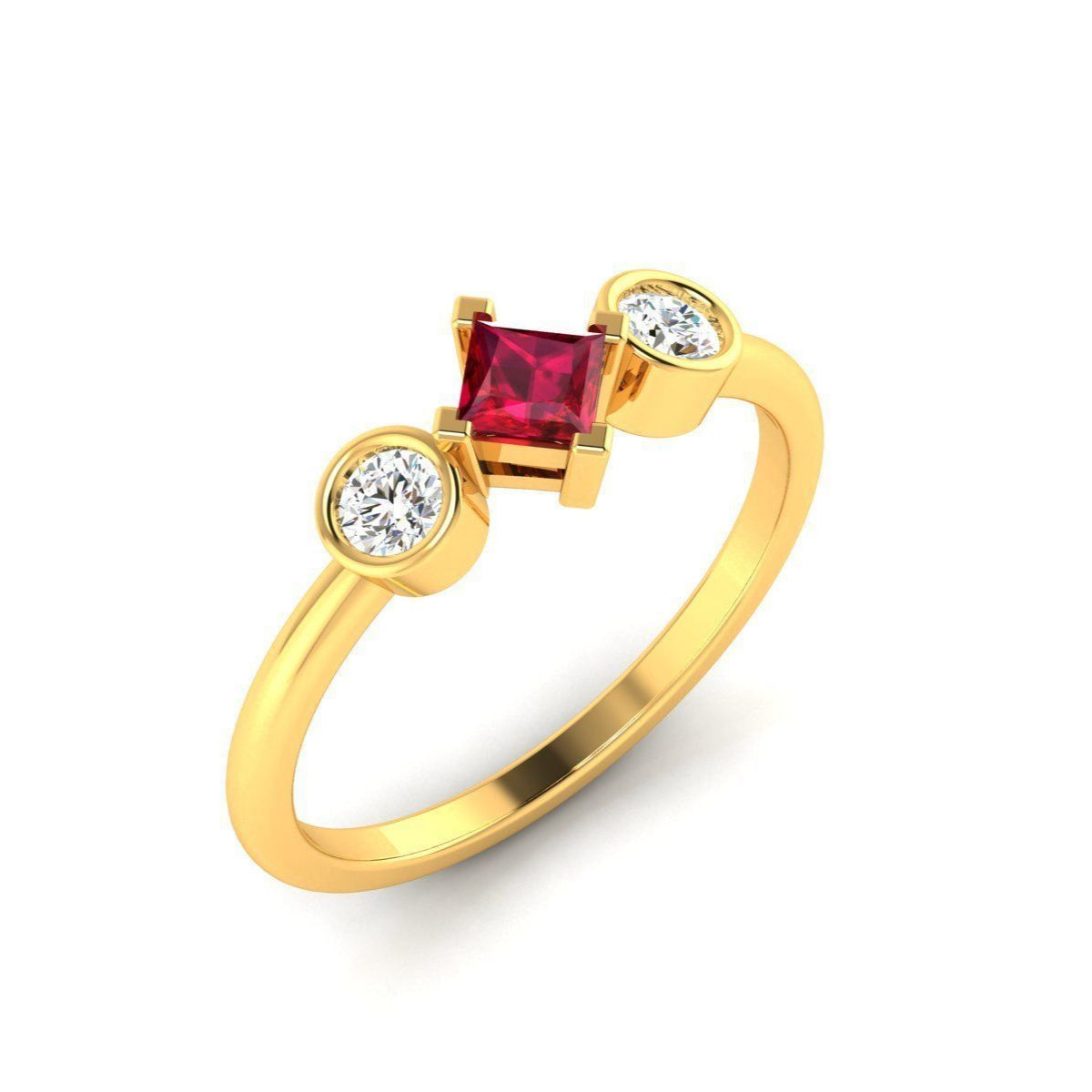 Adrienne Diamond Ring featuring a princess-cut gemstone in a gold setting, accented by two round lab-grown diamonds in bezel settings for a sophisticated and modern look.
