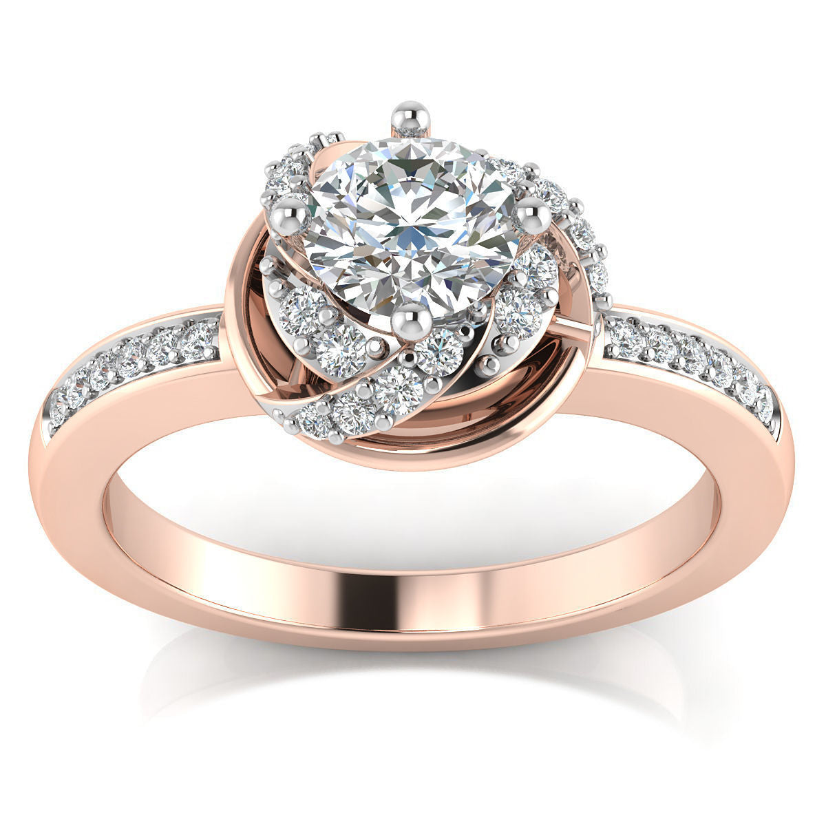 Nataly Solitaire Ring in rose gold, featuring a stunning round solitaire diamond surrounded by a floral-inspired halo of smaller diamonds, with a diamond-studded band for added brilliance.