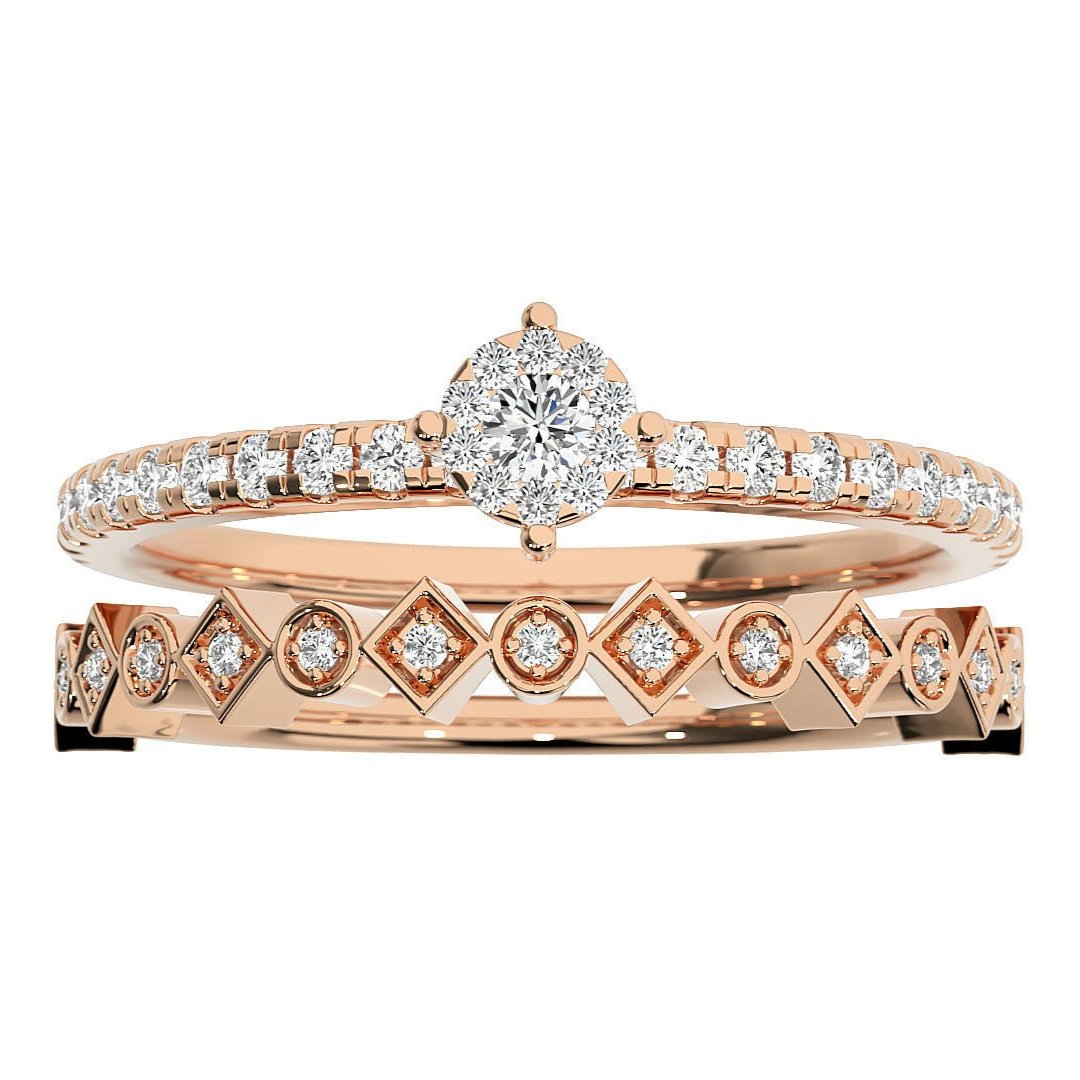 Valentina Diamond Ladies Ring set in rose gold with a round-cut center diamond, diamond-studded band, and geometric diamond design for a bold yet elegant look.