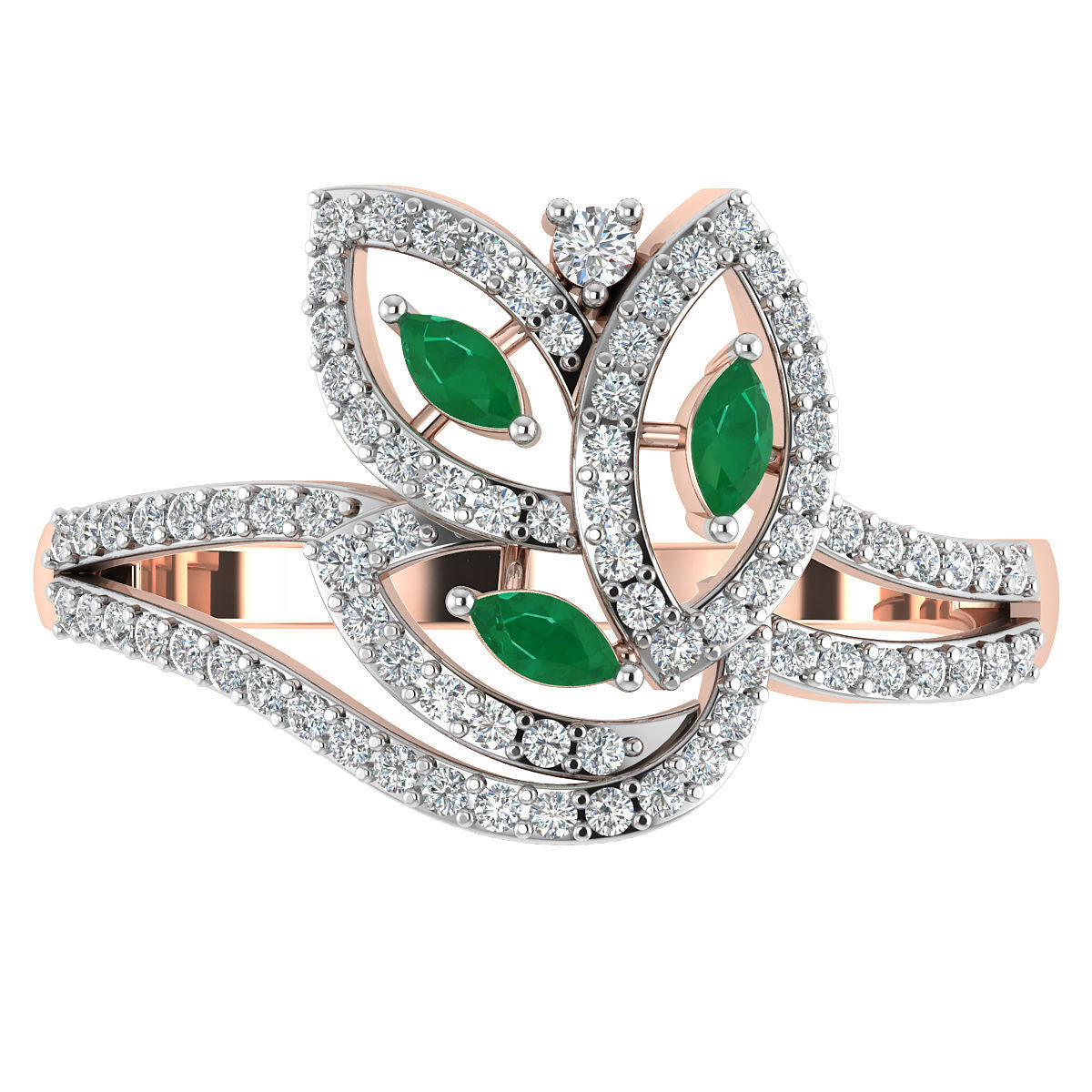 Kaiya Diamond Ring with a floral-inspired design, marquise-cut emerald gemstone accents, and sparkling diamonds set in a dual-tone gold band. With small lab-grown diamond ,
