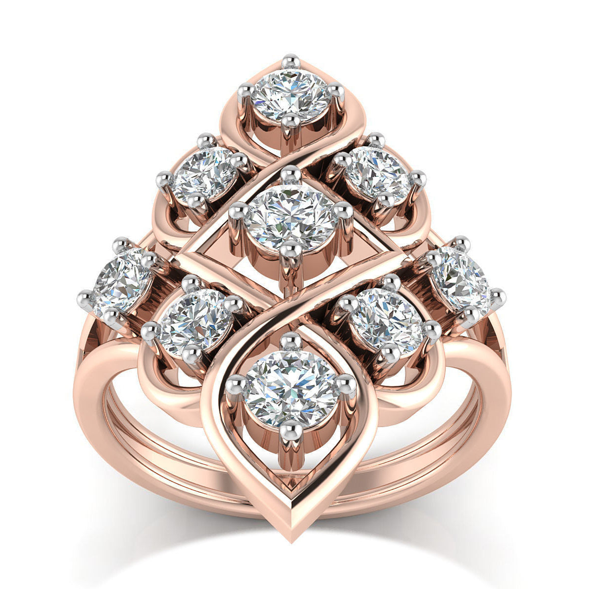 Rose gold statement diamond ring with multiple round diamonds in an intricate teardrop-inspired design.