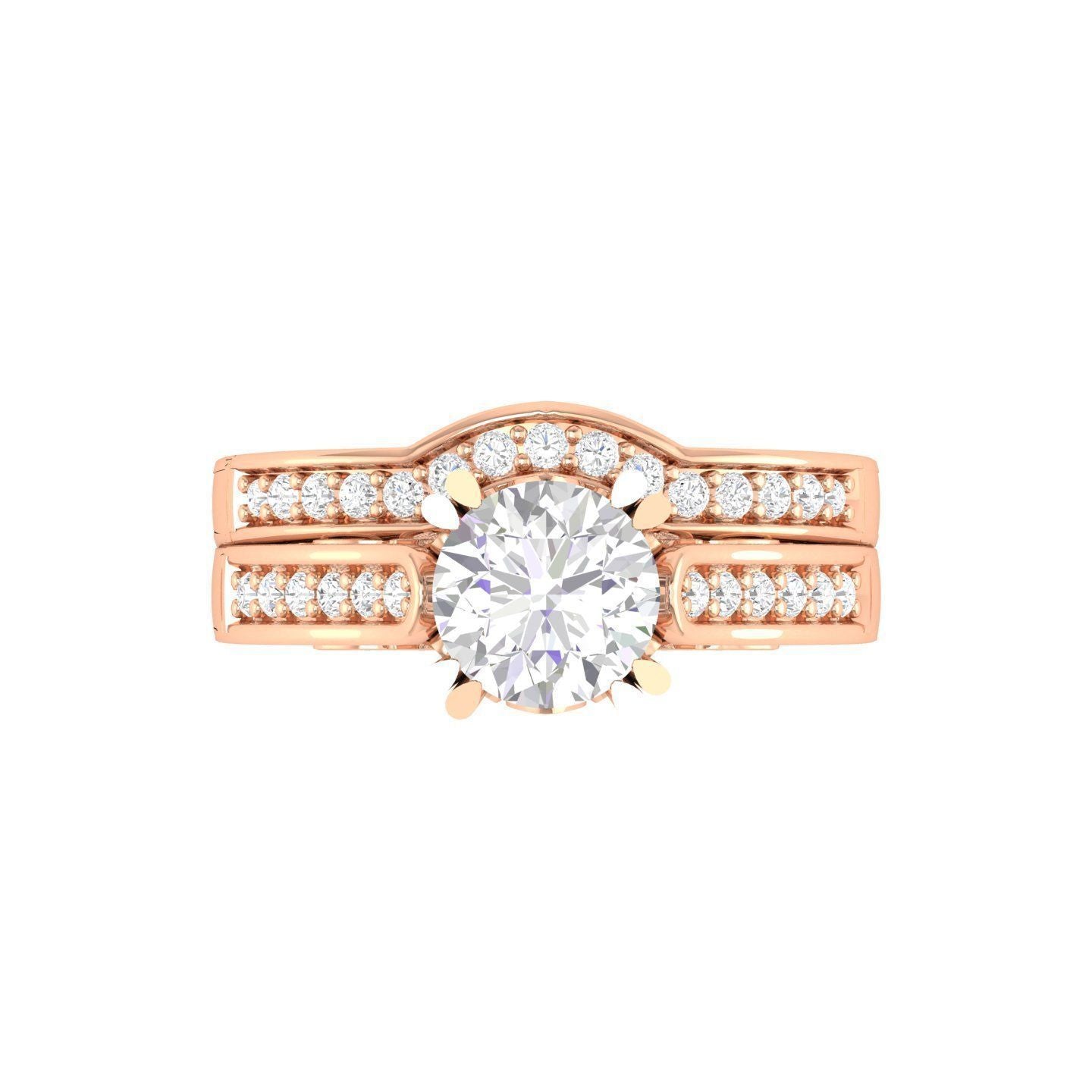 Silvia Diamond Ladies Ring in rose gold with a round-cut diamond in a four-prong setting, featuring dual diamond-studded bands for a bold yet refined look.