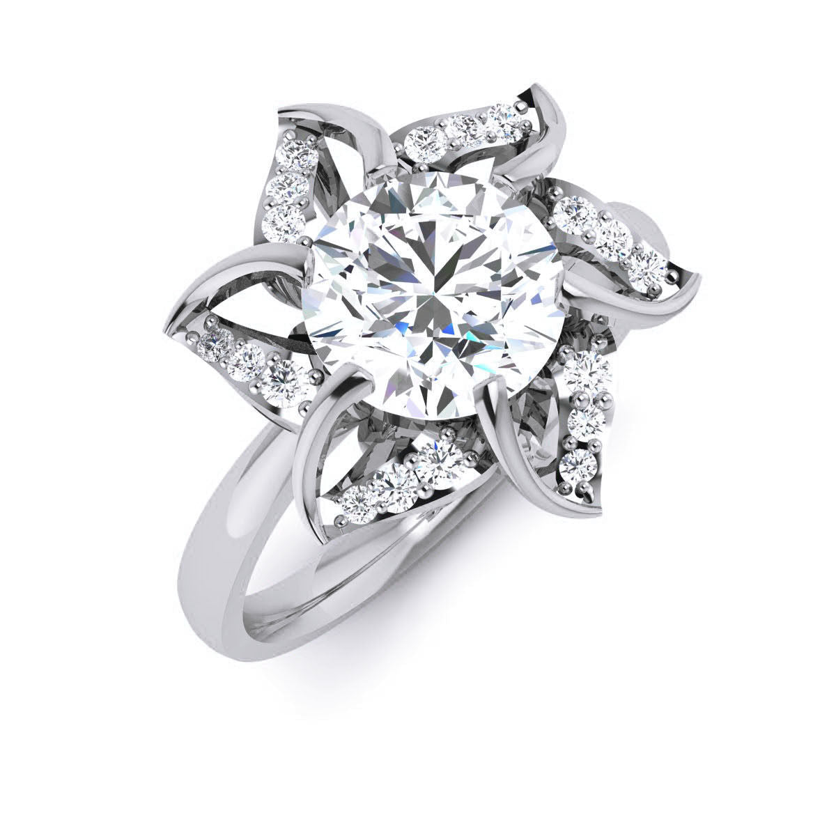 Rosalind Diamond Ladies Ring with a floral-inspired design featuring a round-cut diamond centerpiece and diamond-adorned petals in polished gold.