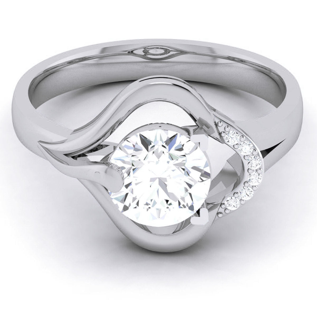 Elegant solitaire lab-grown diamond ring with a unique curved setting and a delicate arc of accent diamonds.