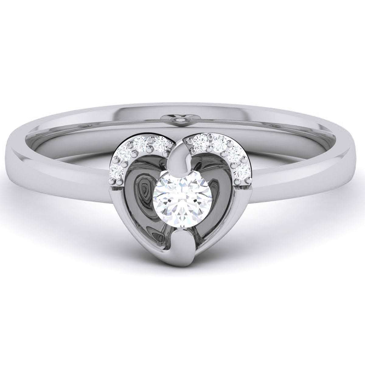 Elegant heart-shaped lab-grown diamond ring with a solitaire center stone and accent diamonds on a sleek metal band.