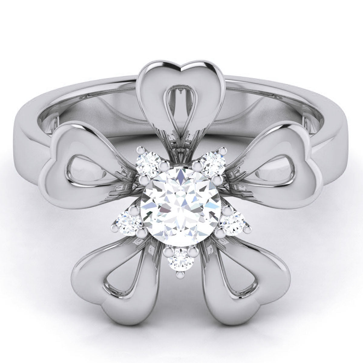 Silver floral-inspired diamond ring with open-heart petal design and a round-cut solitaire center stone, accented by smaller diamonds.